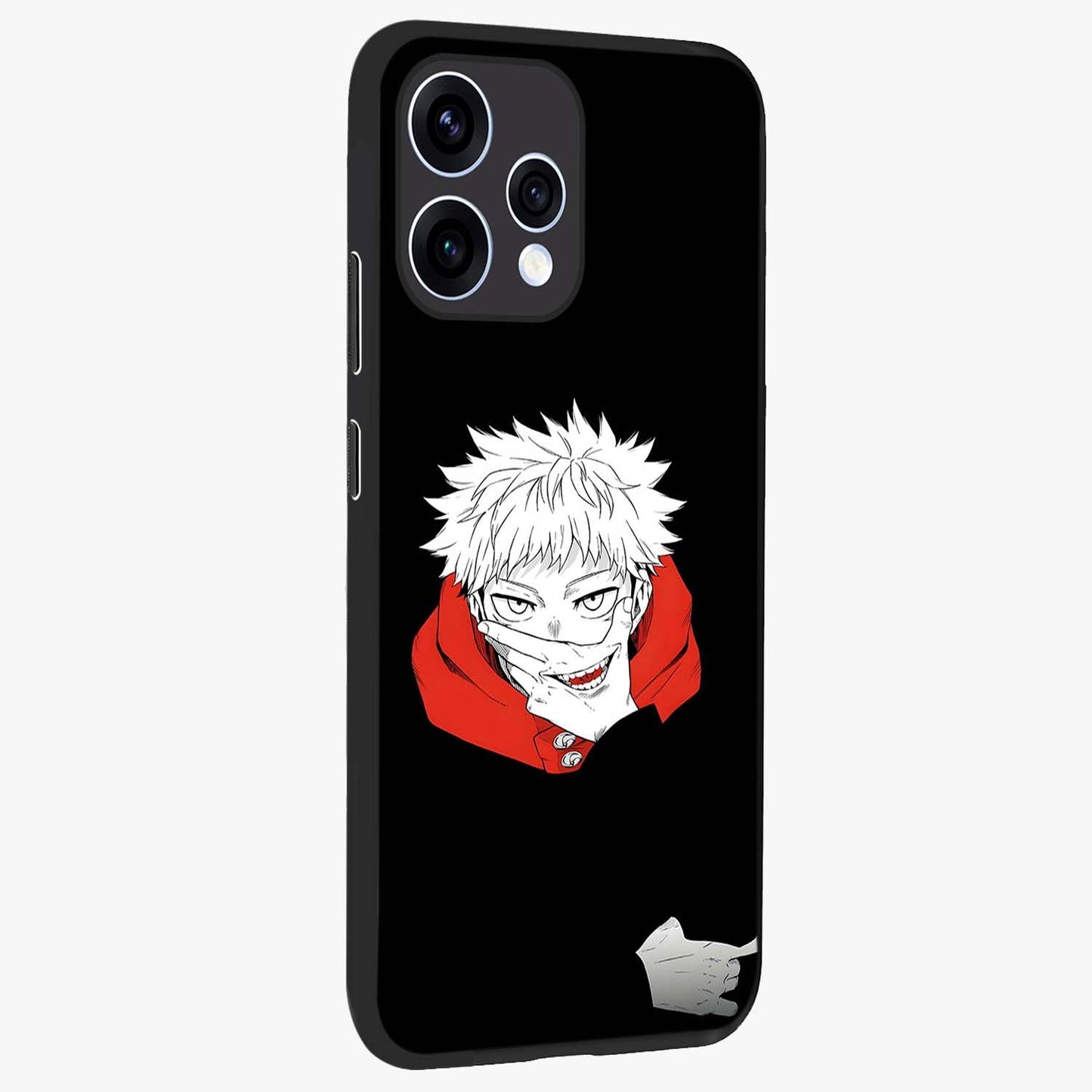 Crimson Chaos Smile Glass Case upright view showcasing expressive chaotic artwork with striking visual theme.