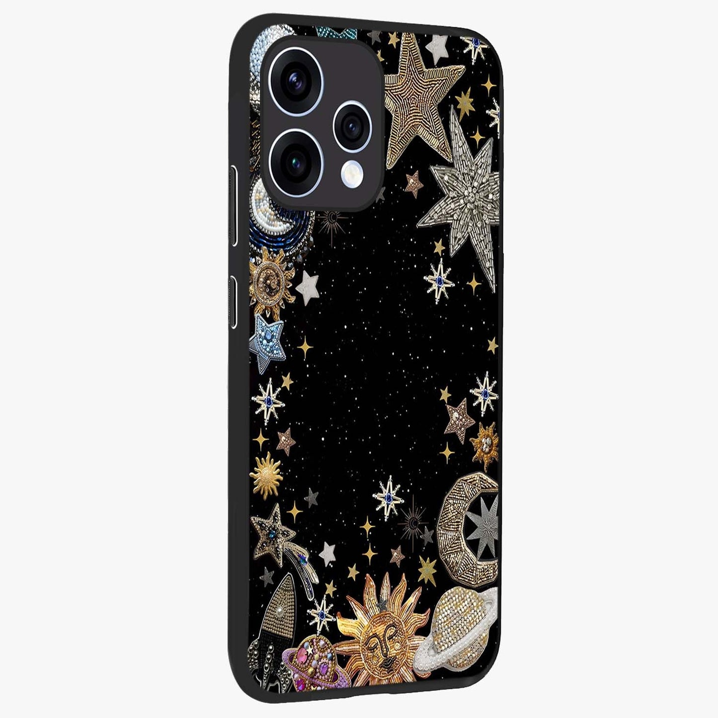 Galactic Jewel Stars Glass Case upright view showcasing glittering star jewel artwork with vibrant galaxy theme.