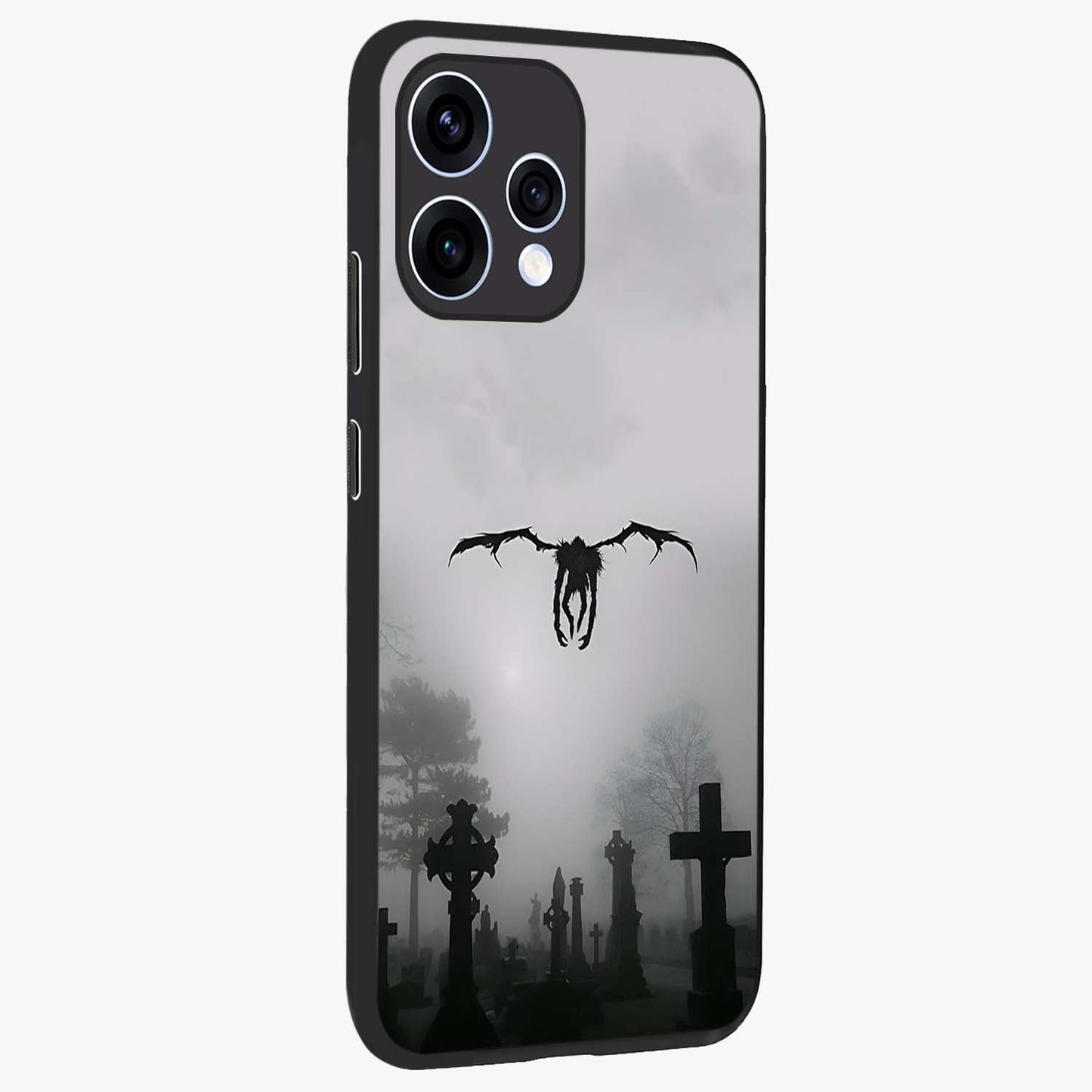 Graveyard Shadow Descent Glass Case upright view showcasing haunting graveyard artwork with dramatic dark theme.