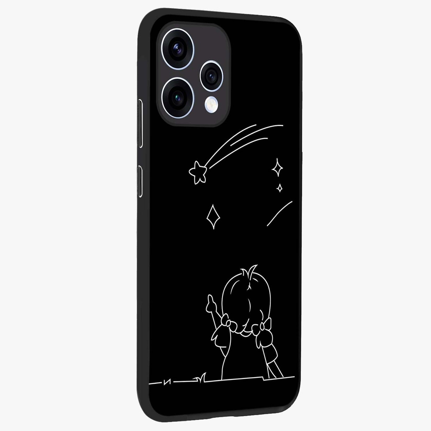Line Art Girl With Shooting Stars Glass Case upright view showcasing delicate shooting stars artwork with minimal artistic theme.
