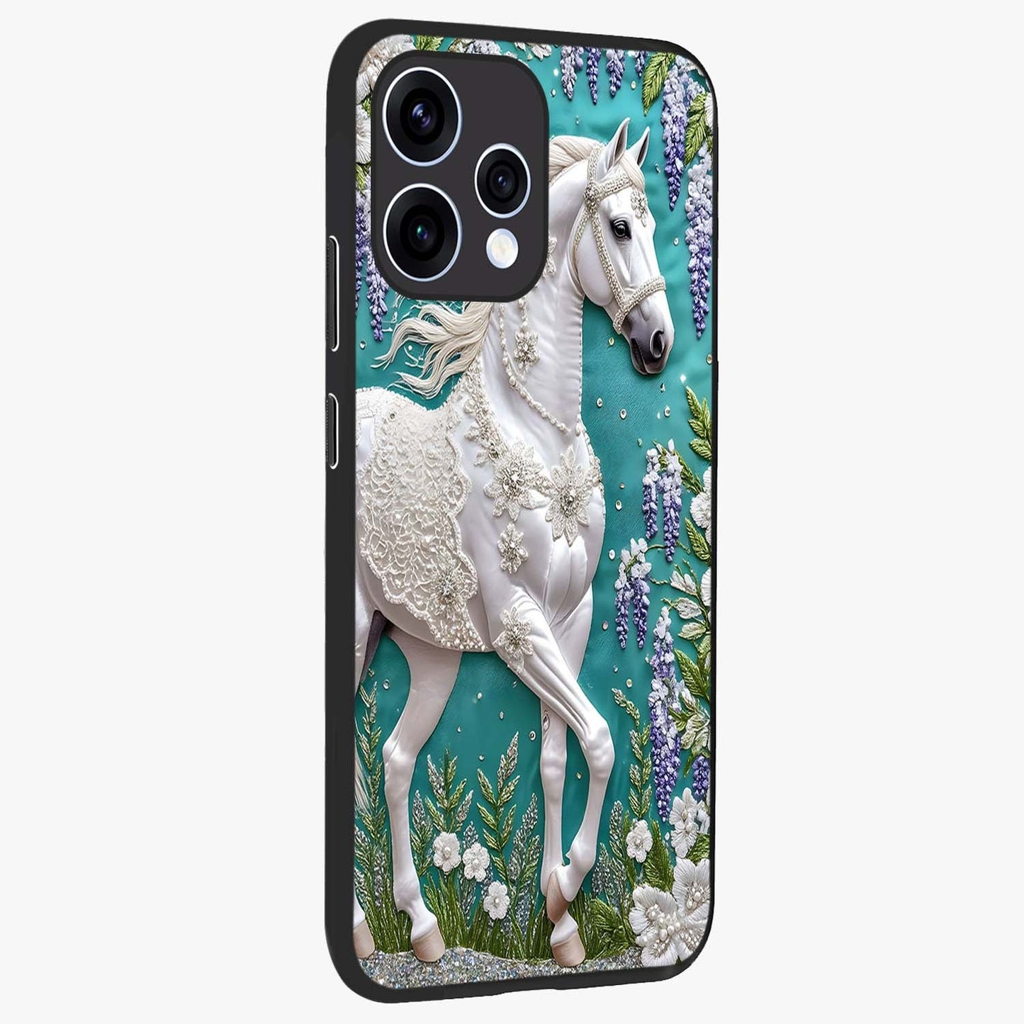 Majestic Floral Stallion Glass Case upright view showcasing dramatic horse artwork with decorative floral theme.