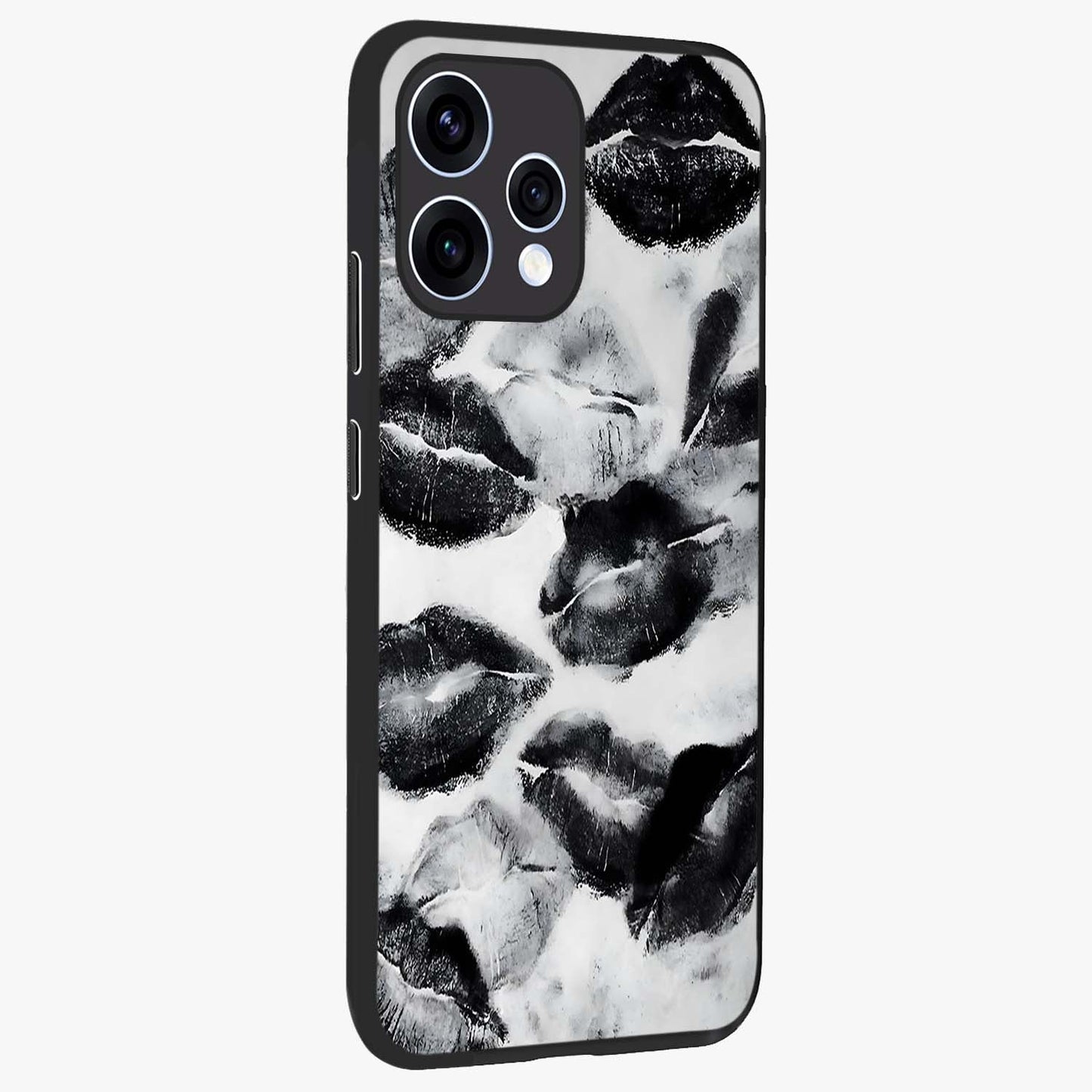 Midnight Kiss Marks Glass Case upright view showcasing stylish kiss mark artwork with trendy romantic theme.