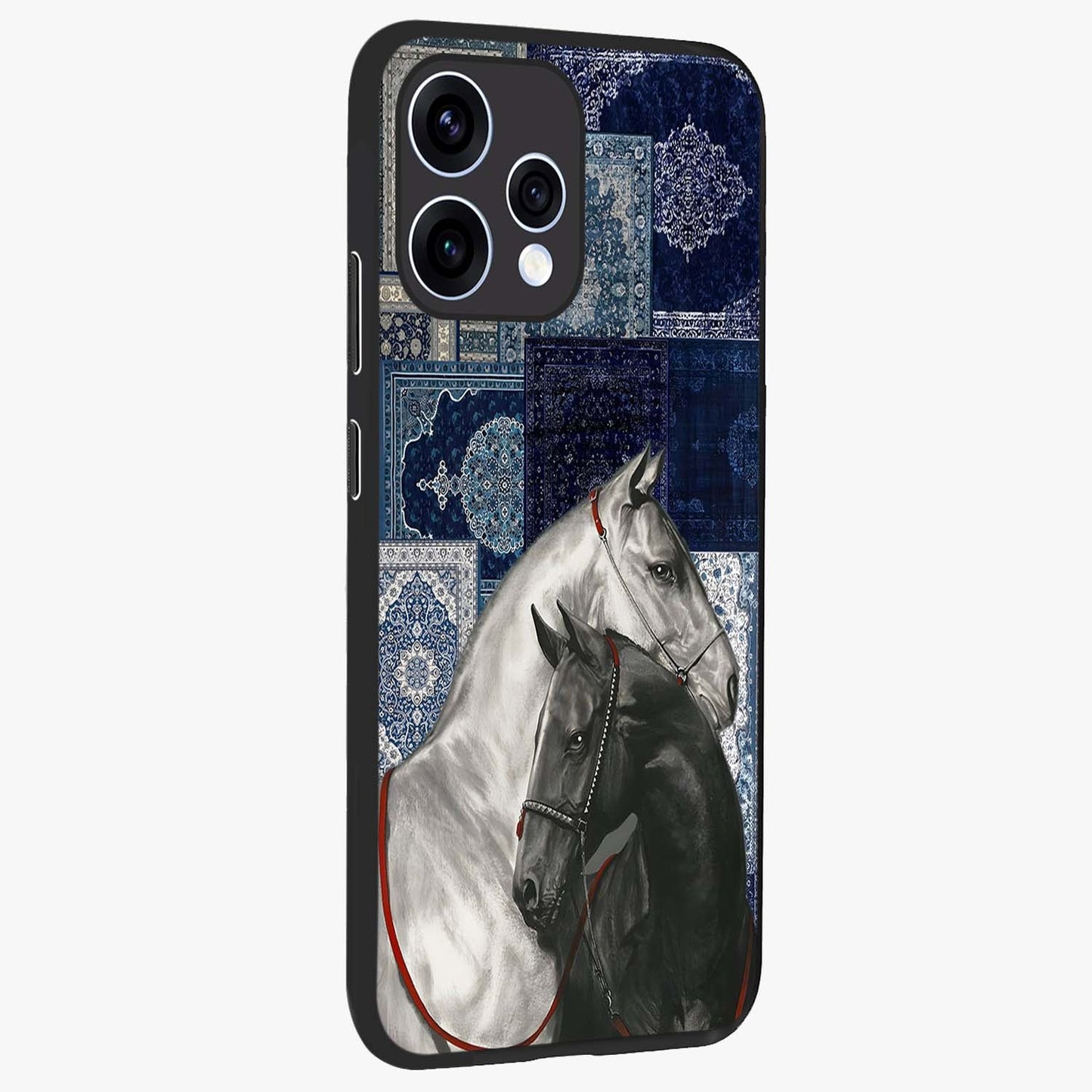 Midnight Stallion Blues Glass Case upright view showcasing dramatic horse artwork with bold artistic theme.