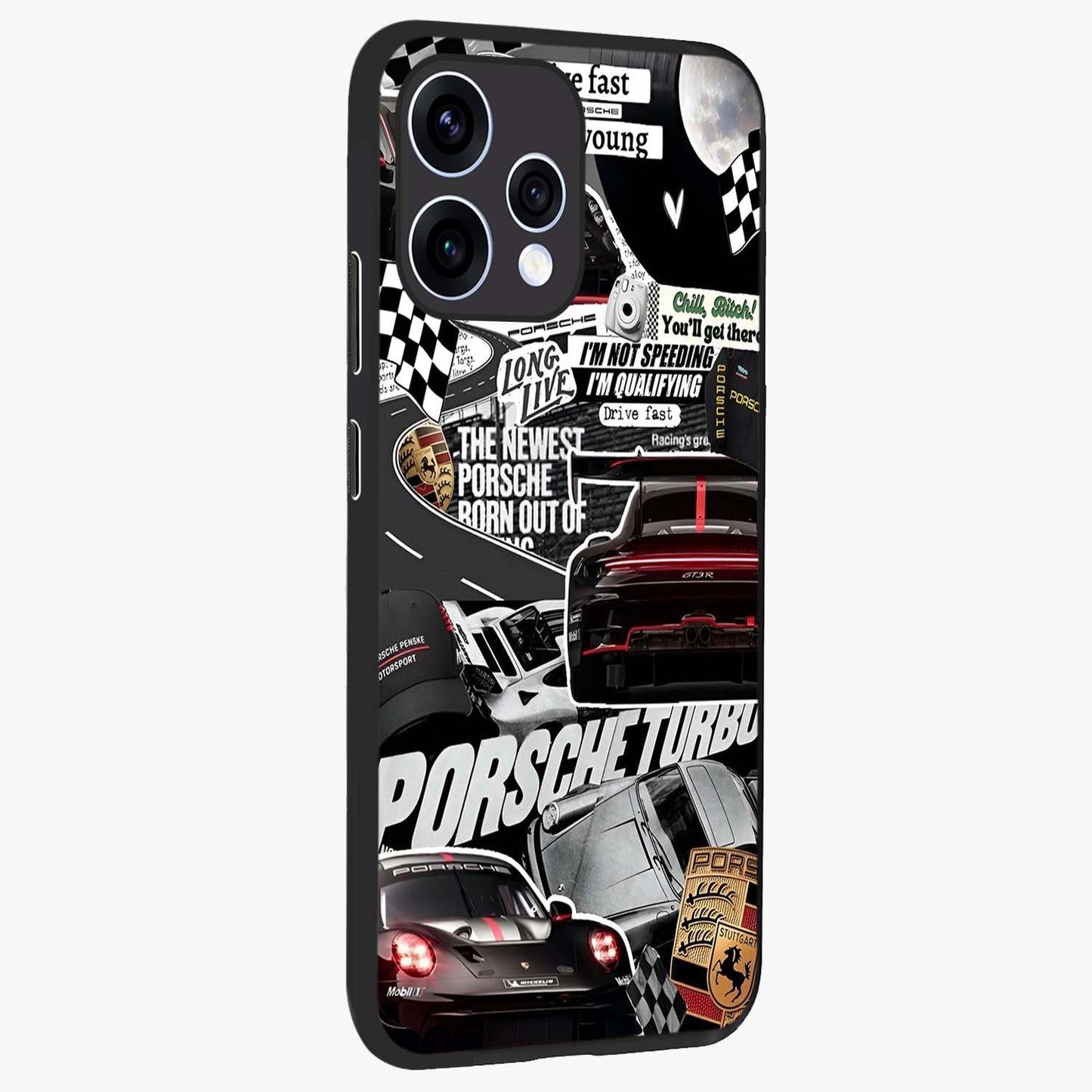 Porsche Racing Collage Glass Case upright view showcasing energetic car collage artwork with high speed racing theme.