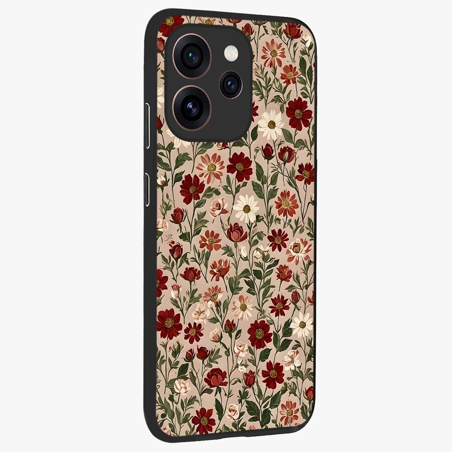 Biege Flower With Leaf Glass Case upright view showcasing delicate beige flower illustration with clean botanical style.