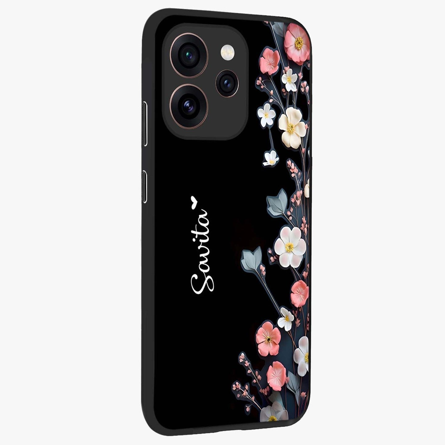 Black Elegance Floral Custom Name Glass Case upright view showcasing luxurious black floral design with personalized name detail.