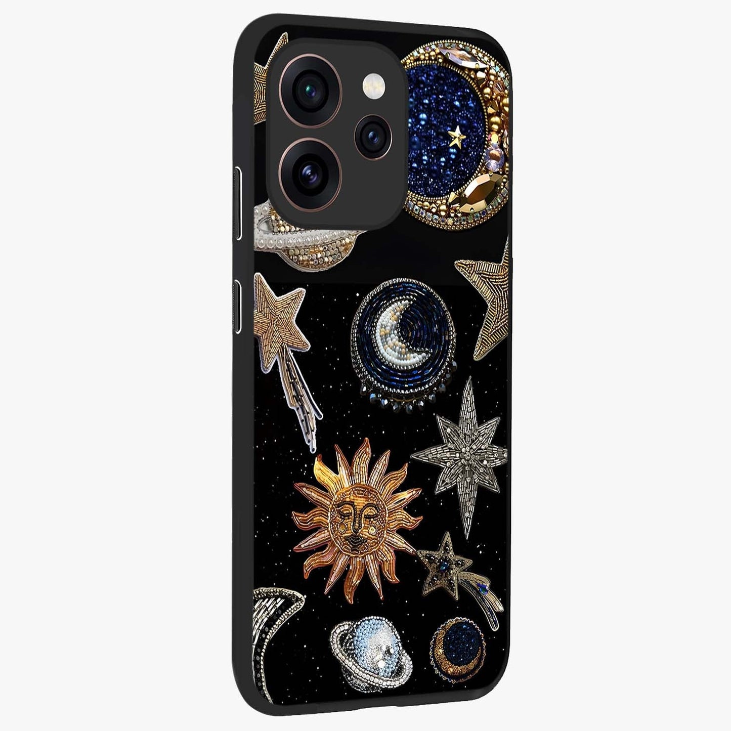 Celestial Gem Constellations Glass Case upright view showcasing cosmic constellation artwork with celestial aesthetic style.