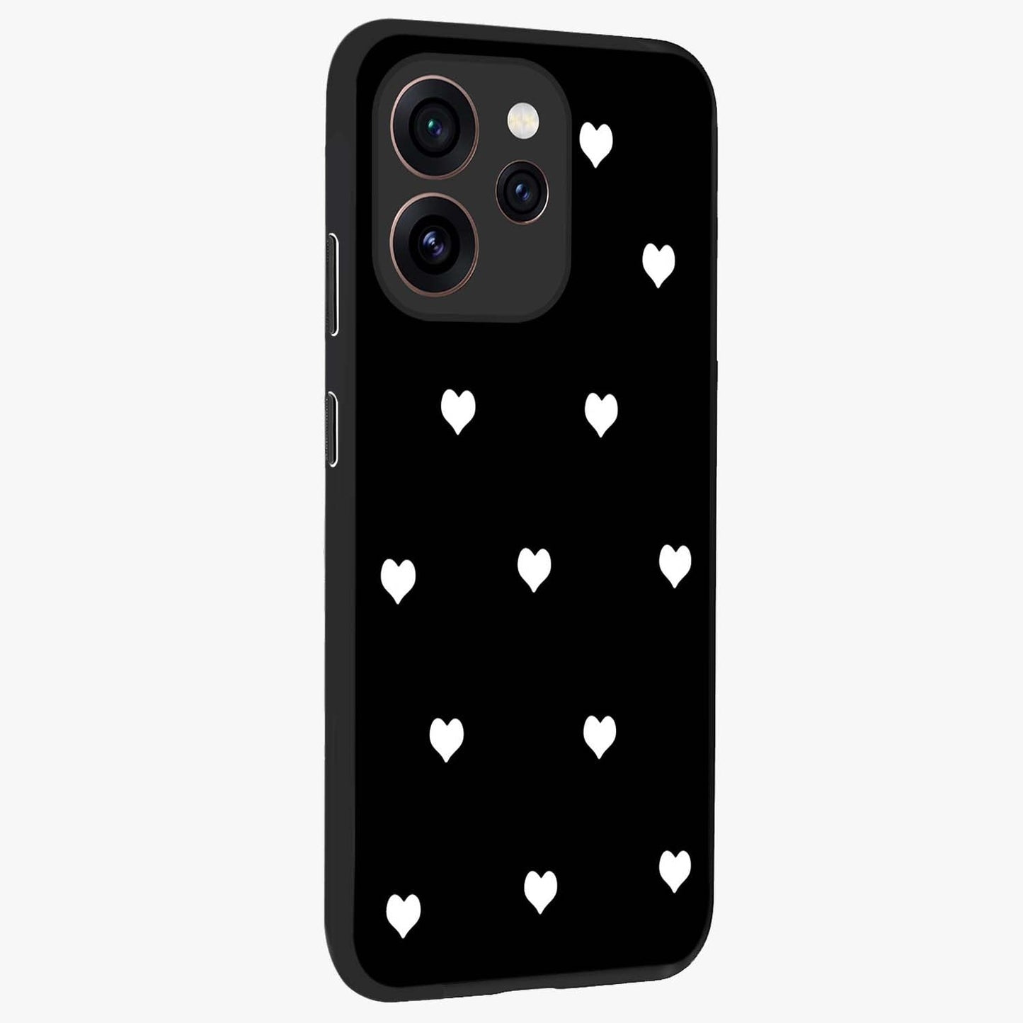 Cute And Simple White Hearts Glass Case upright view showcasing simple white hearts artwork with soft minimal theme.