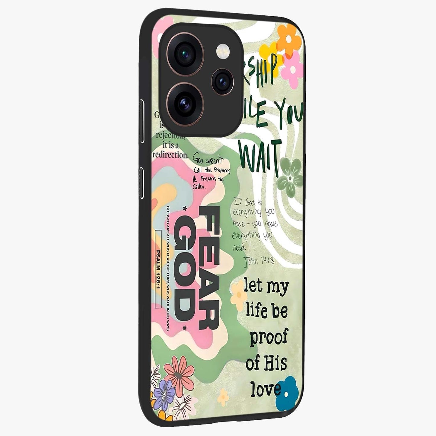 Faith Over Fear Glass Case upright view showcasing bold typography artwork with uplifting motivational theme.