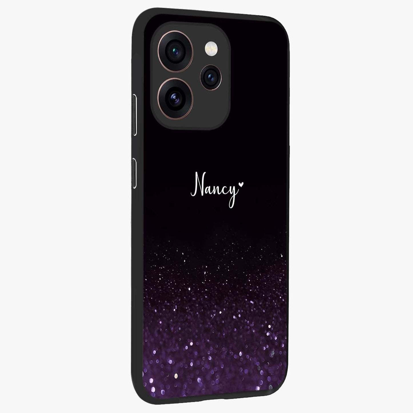 Glittery Purple Bokeh Custom Name Glass Case upright view showcasing vibrant purple sparkle artwork with personalized aesthetic style.