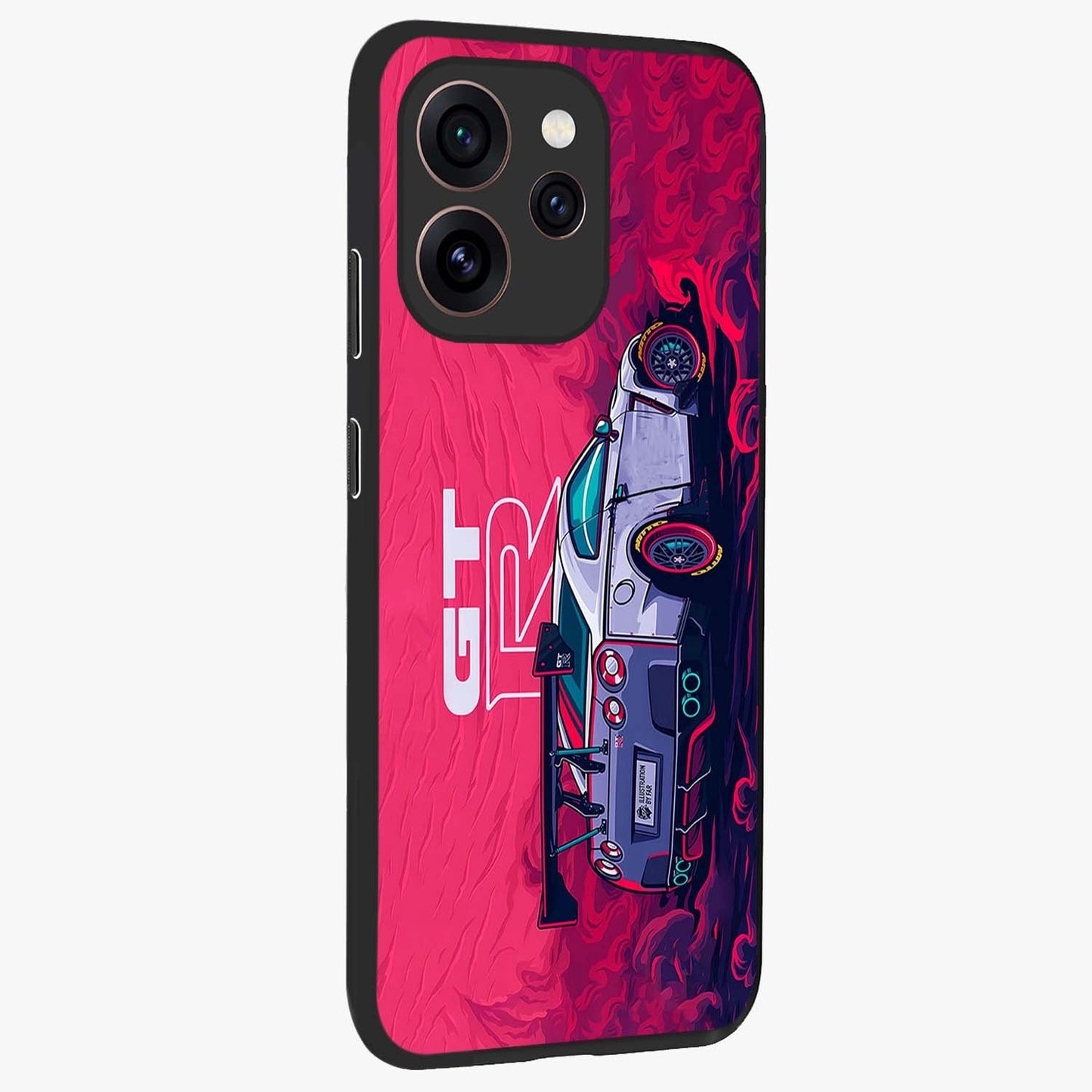 GT-R Car Pattern Glass Case upright view showcasing dynamic car pattern artwork with modern sports theme.