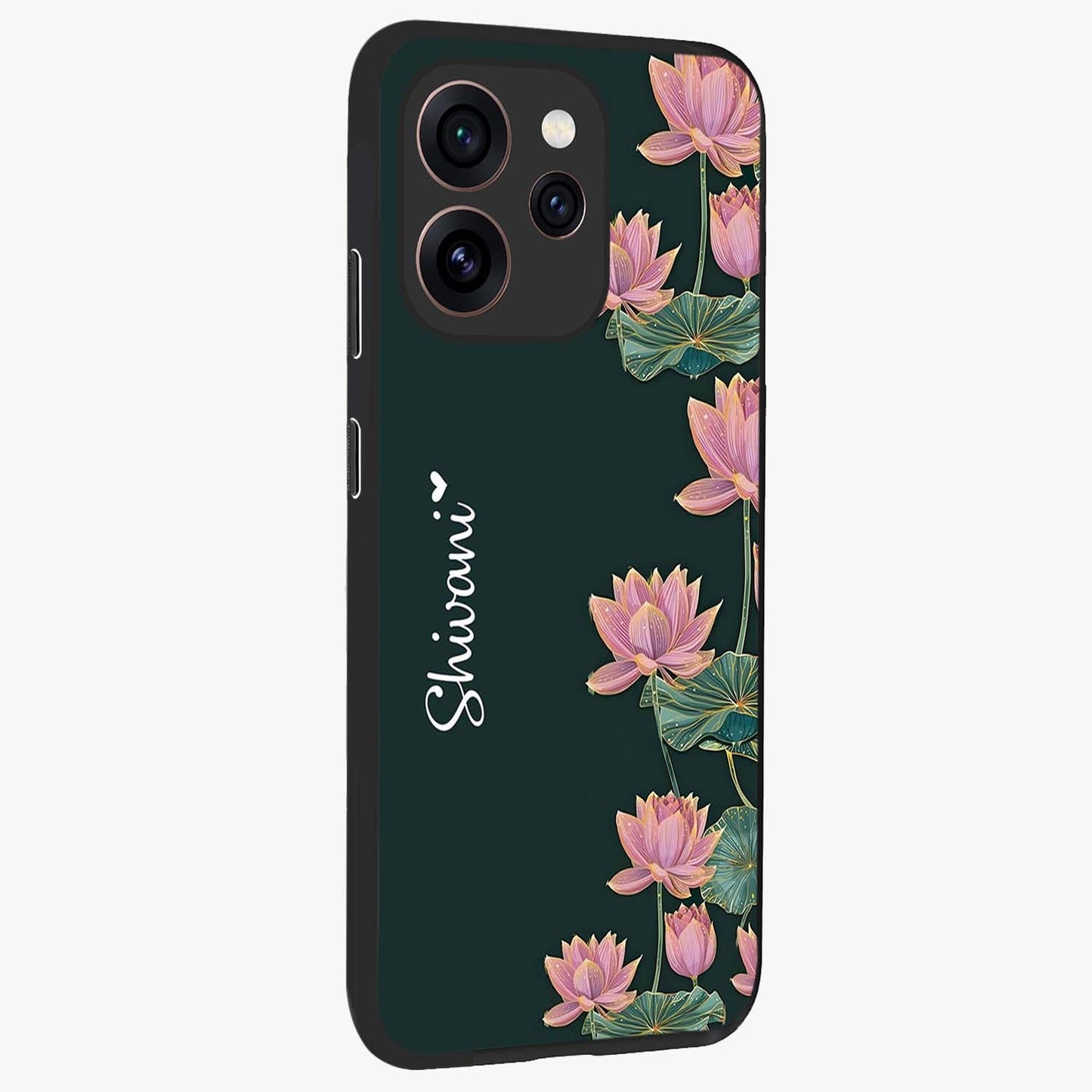 Lotus Bloom Serenity Custom Name Glass Case upright view showcasing serene lotus bloom artwork with personalized floral aesthetic.