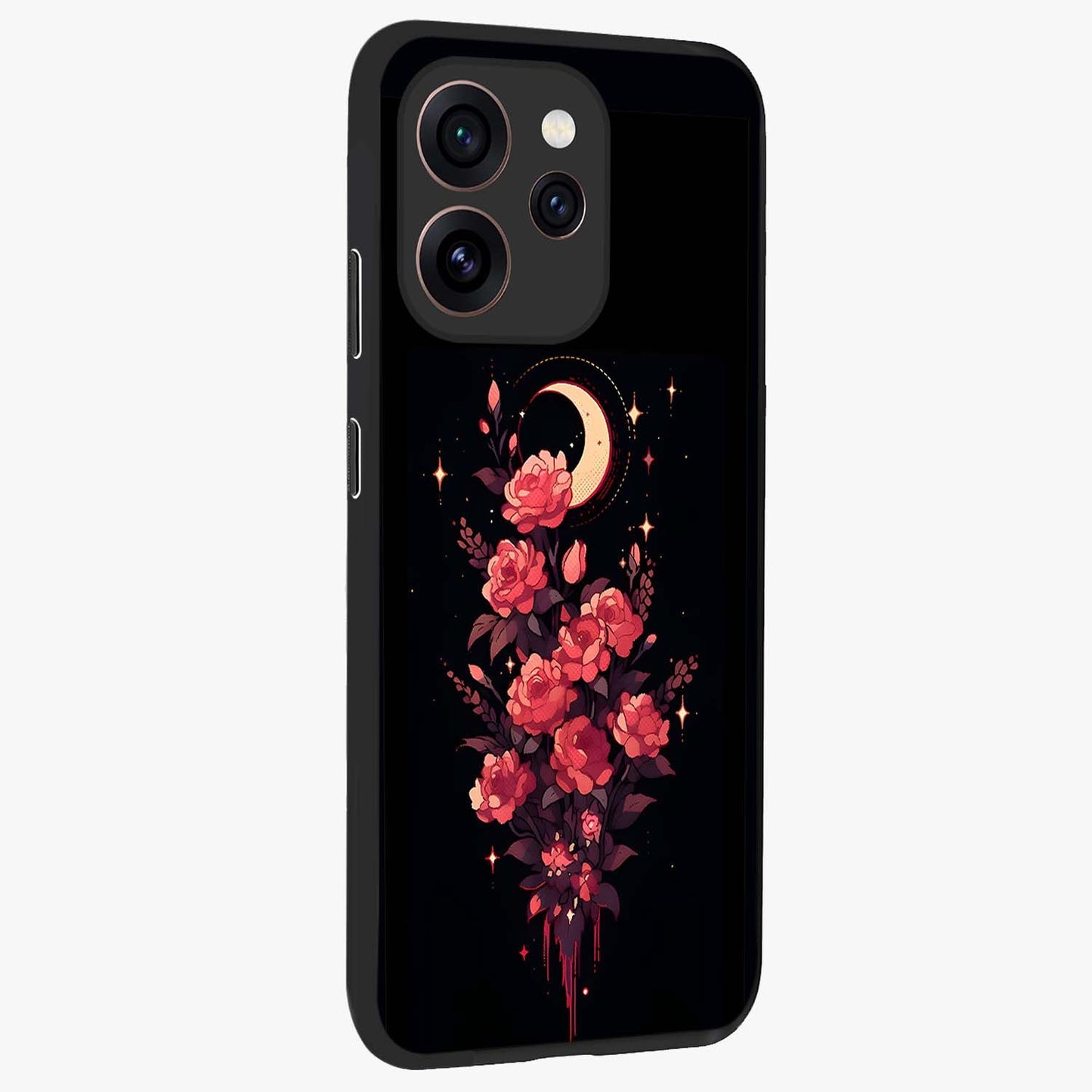 Moonlit Floral Elegance Glass Case upright view showcasing delicate floral artwork with refined night inspired theme.