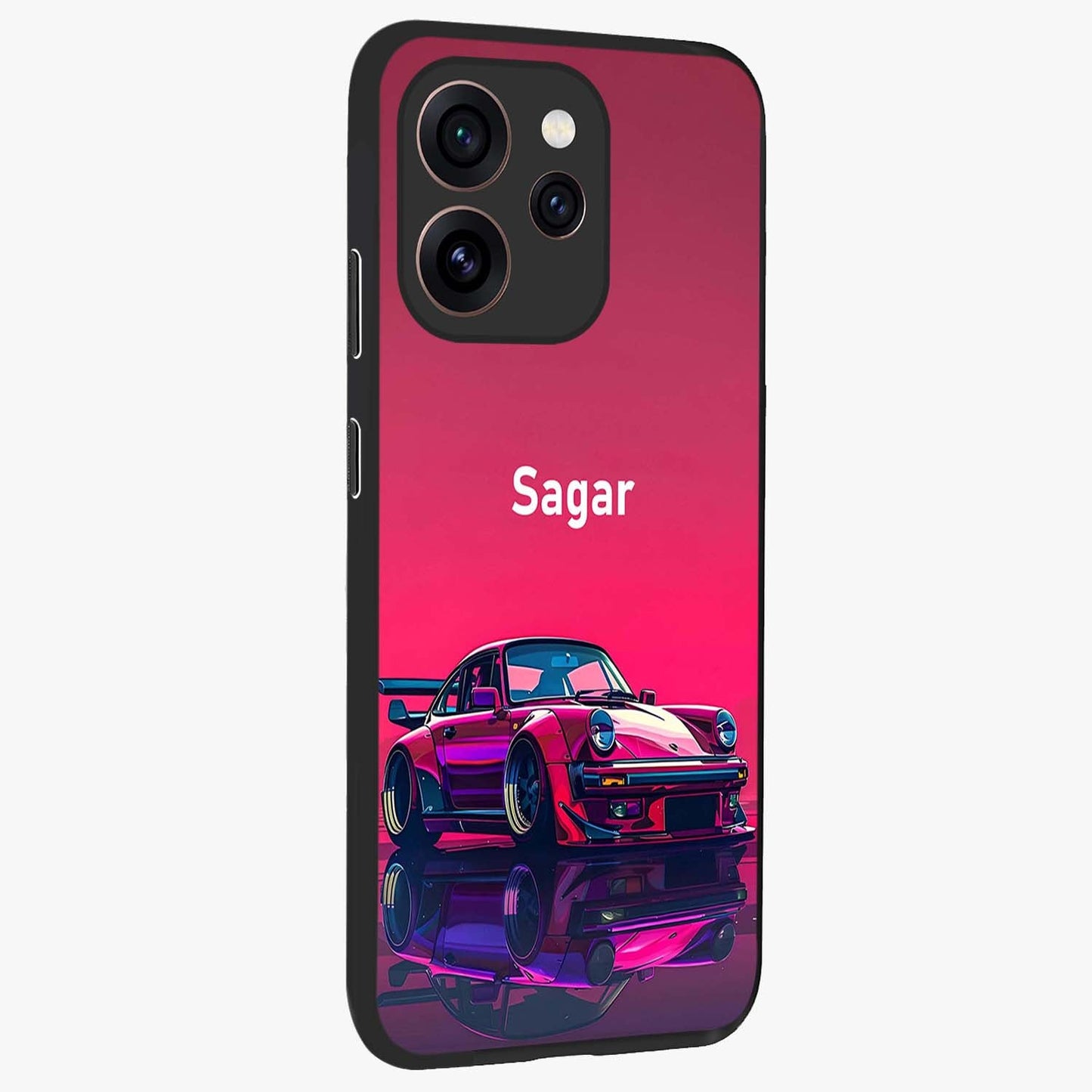 Neon Pink Porsche Glass Case upright view showcasing vibrant sports car artwork with bold automotive theme.