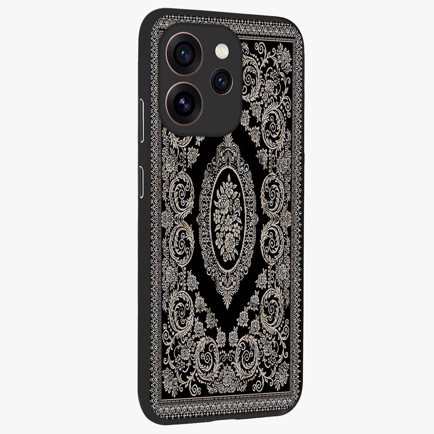 Noir Bloom Elegance Glass Case upright view showcasing graceful floral artwork with luxurious dark theme.