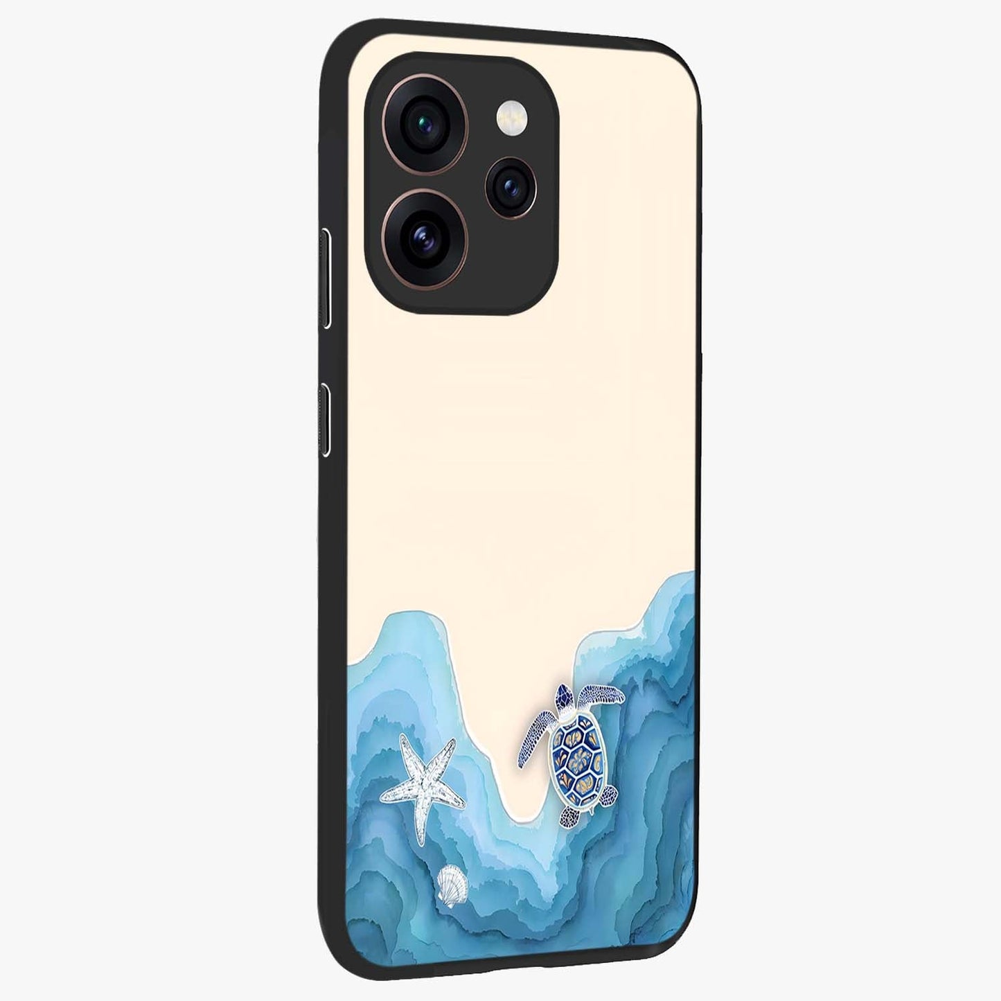 Ocean Drift Turtle Glass Case upright view showcasing calm underwater turtle artwork with nature inspired theme.