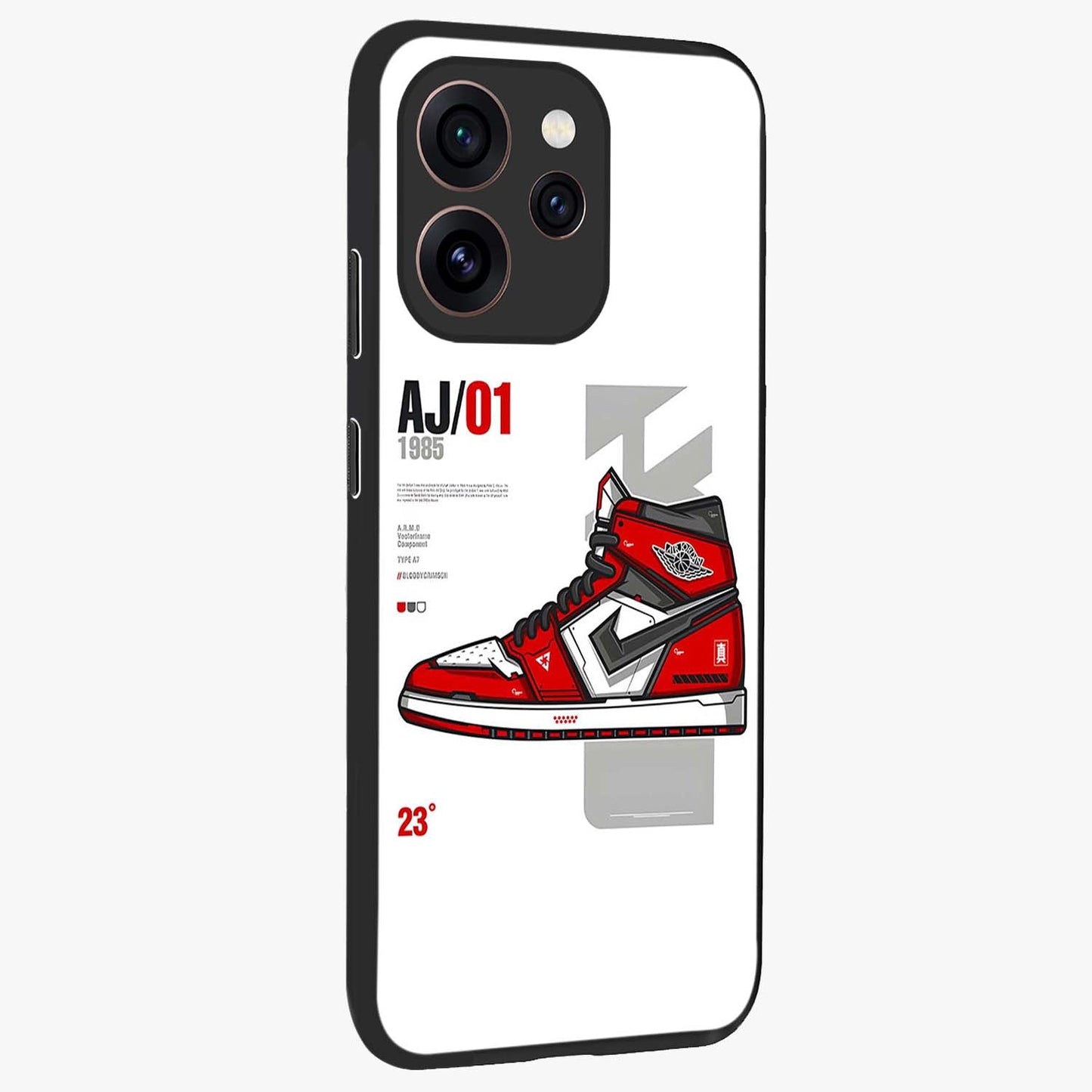 Retro Sneaker Blueprint Glass Case upright view showcasing stylish sneaker illustration with vintage streetwear theme.