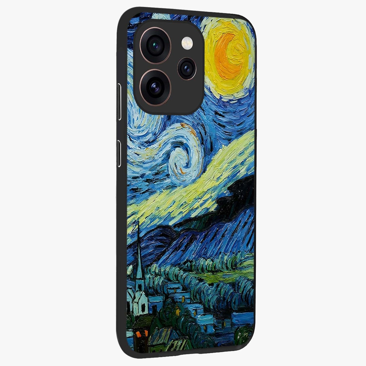 Van Gogh Art Glass Case upright view showcasing expressive painting style artwork with timeless artistic theme.
