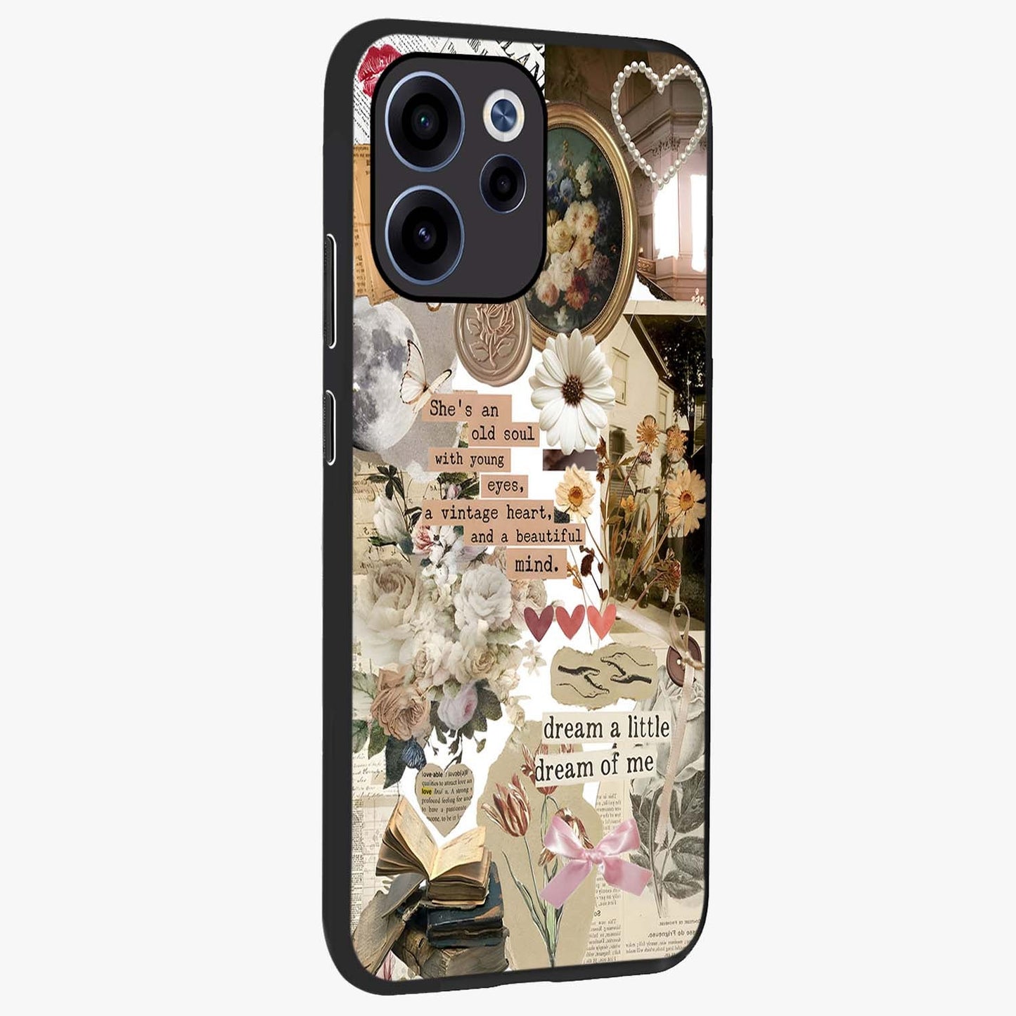 Aesthetic Brown Vintage Collage Glass Case upright view showcasing nostalgic retro artwork with stylish vintage theme.