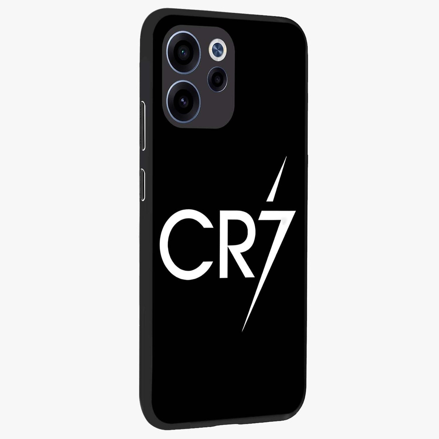 Cr7 Elite Strike Glass Case upright view showcasing energetic football inspired design with modern sports aesthetic.