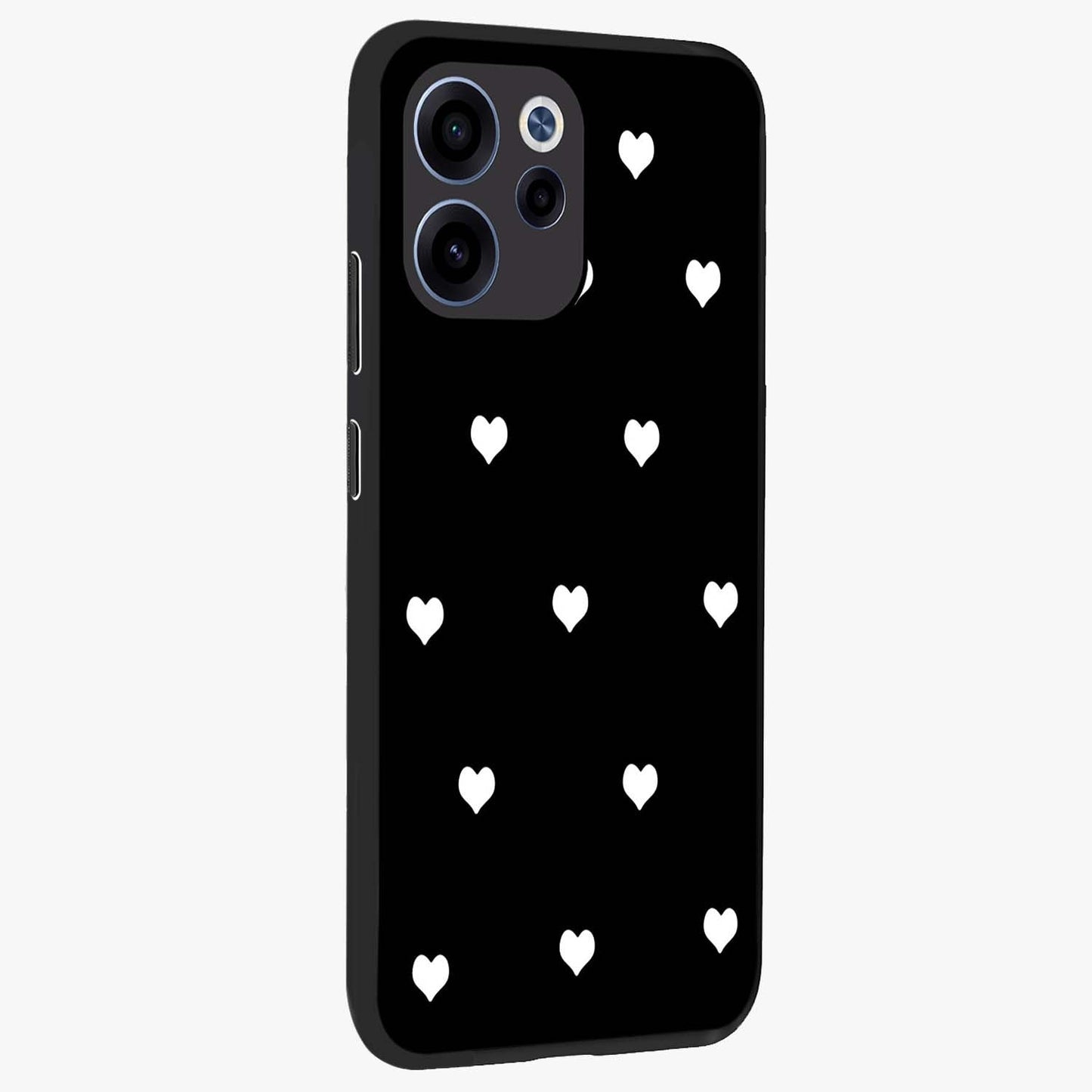 Cute And Simple White Hearts Glass Case upright view showcasing simple white hearts artwork with soft minimal theme.