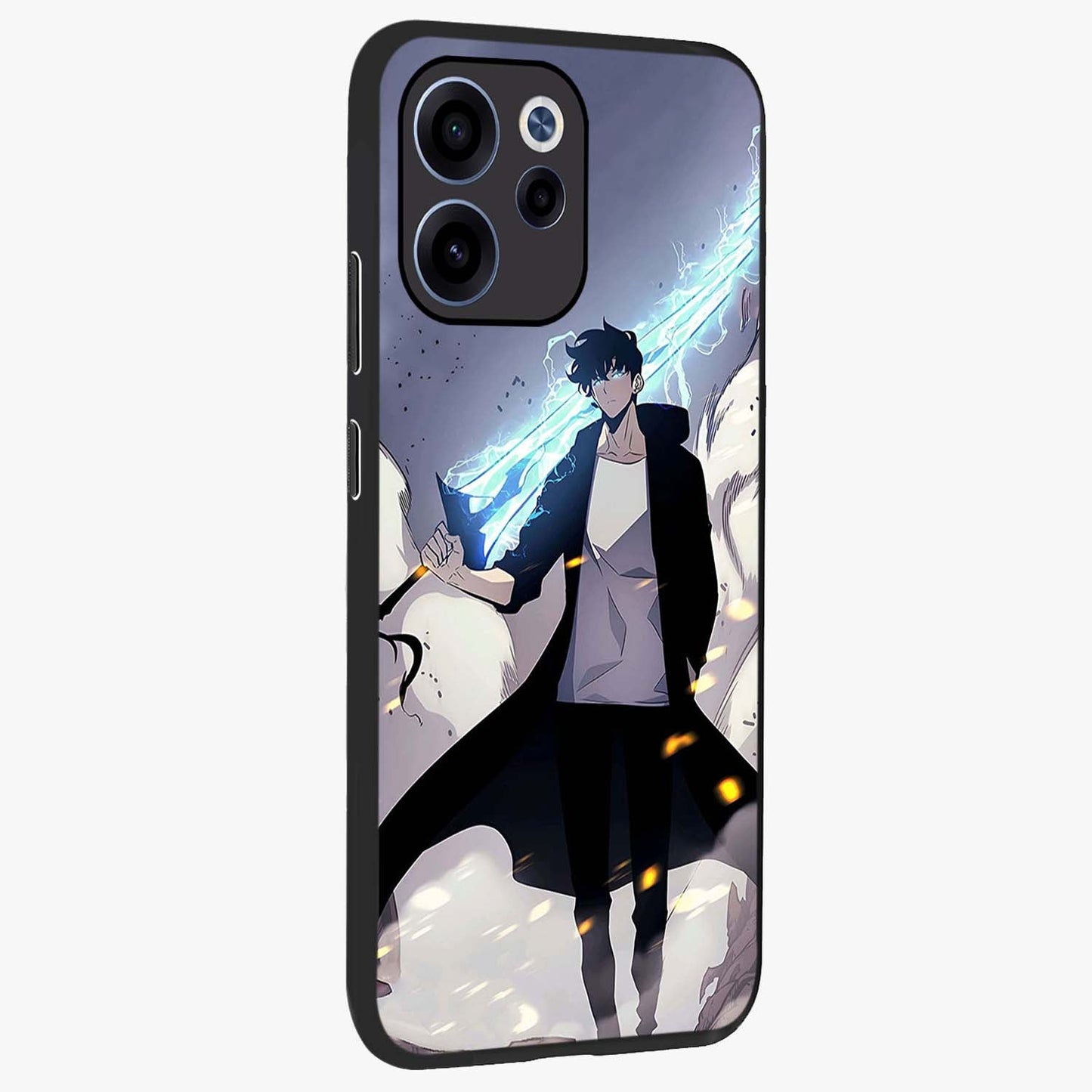 Dark Lightning Anime Warrior Glass Case upright view showcasing dramatic warrior artwork with dark lightning aesthetic.
