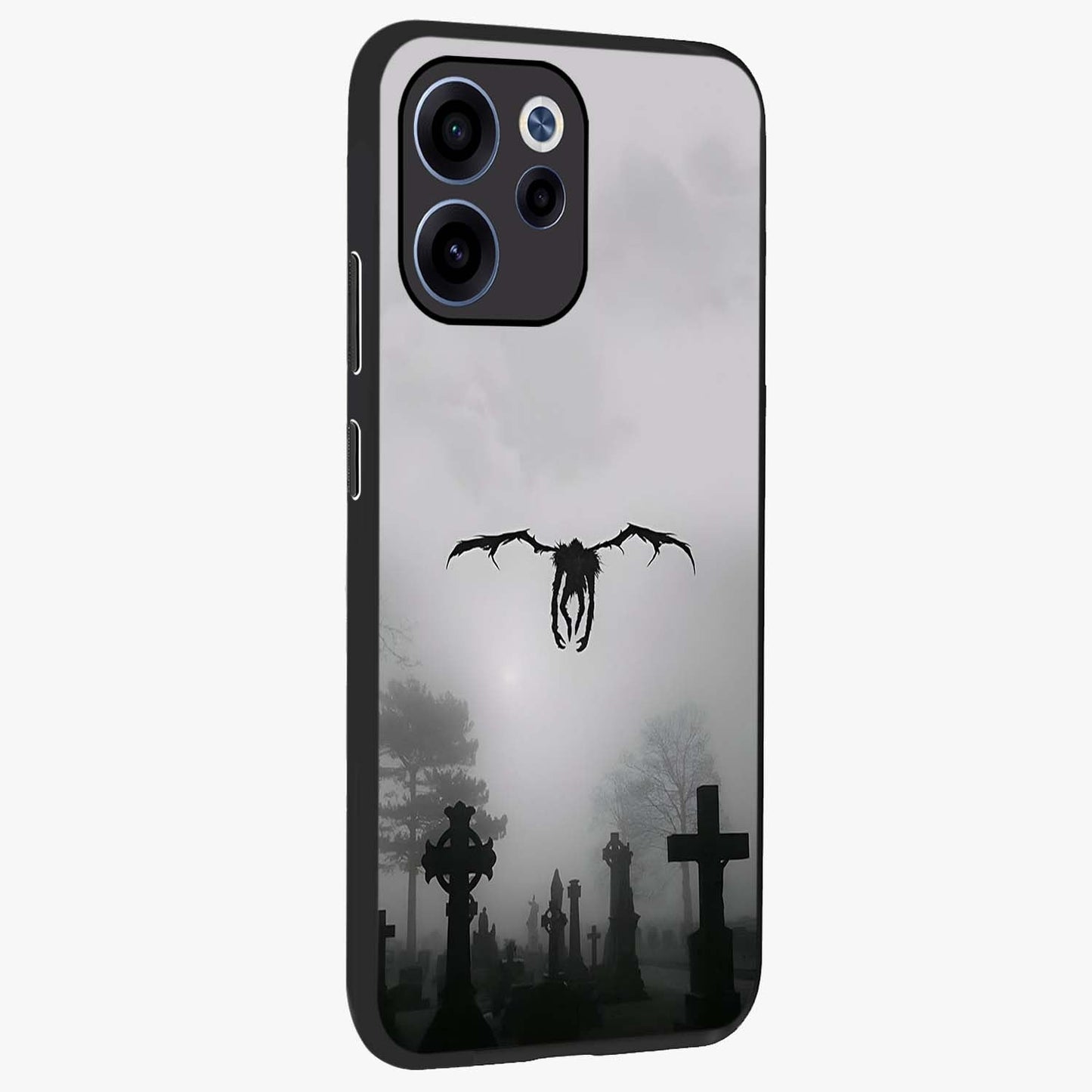 Graveyard Shadow Descent Glass Case upright view showcasing haunting graveyard artwork with dramatic dark theme.