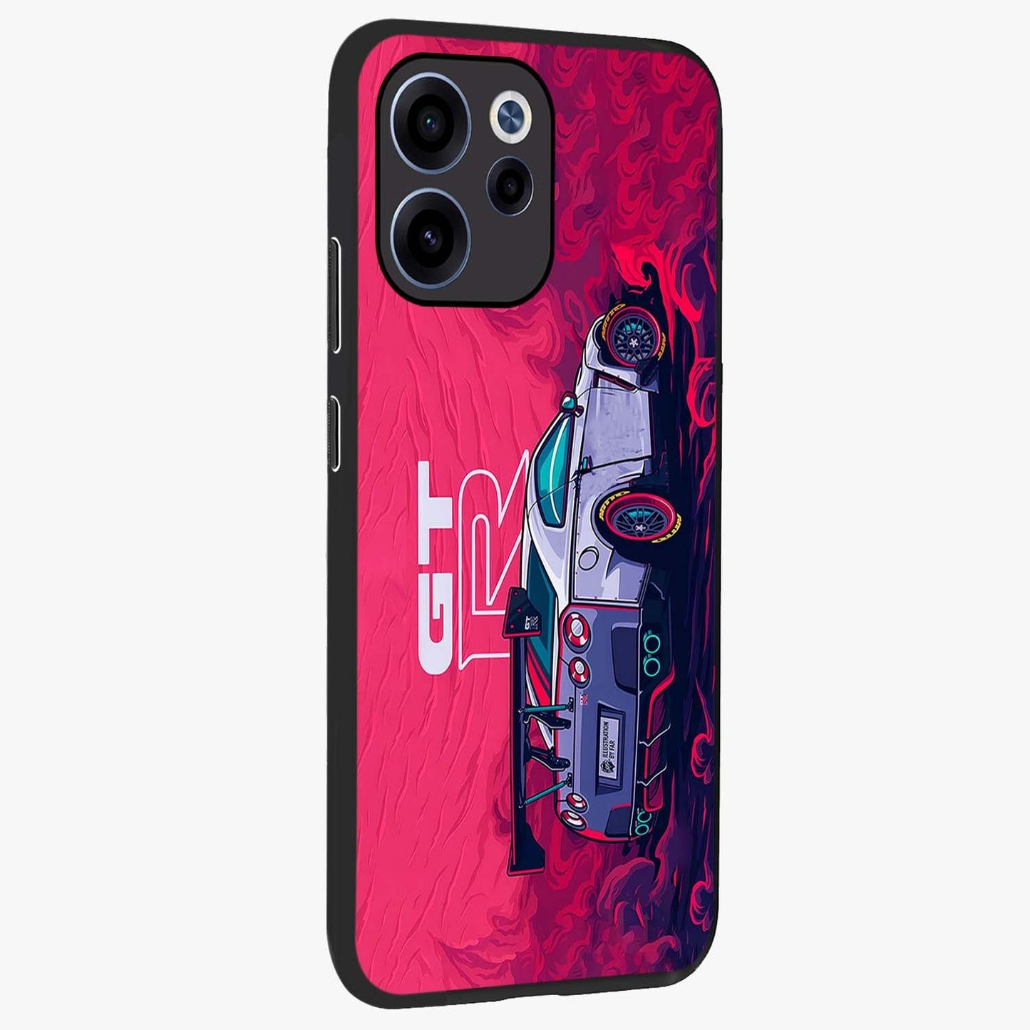 GT-R Car Pattern Glass Case upright view showcasing dynamic car pattern artwork with modern sports theme.