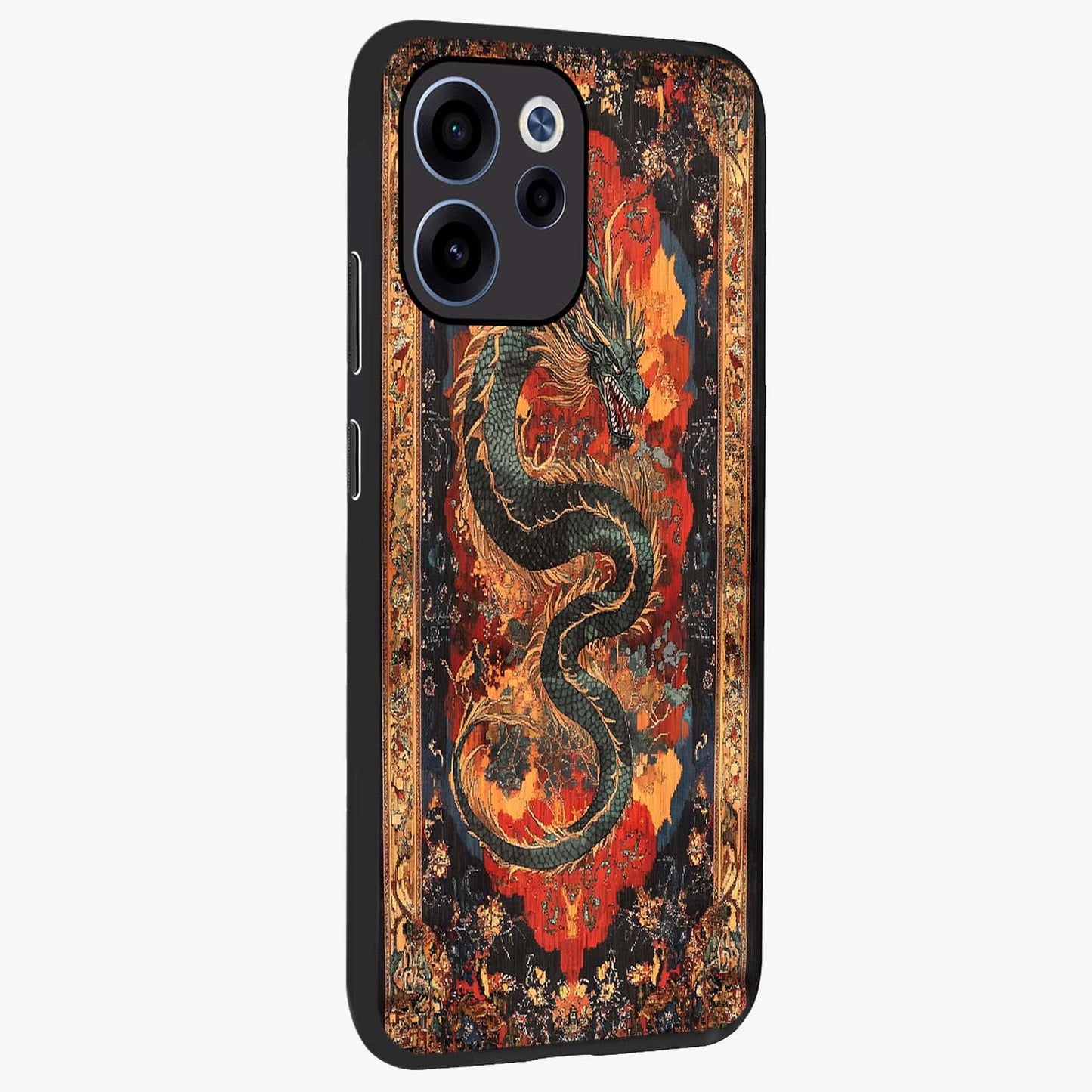 Inferno Dragon Soul Glass Case upright view showcasing intense dragon artwork with fantasy fire theme.