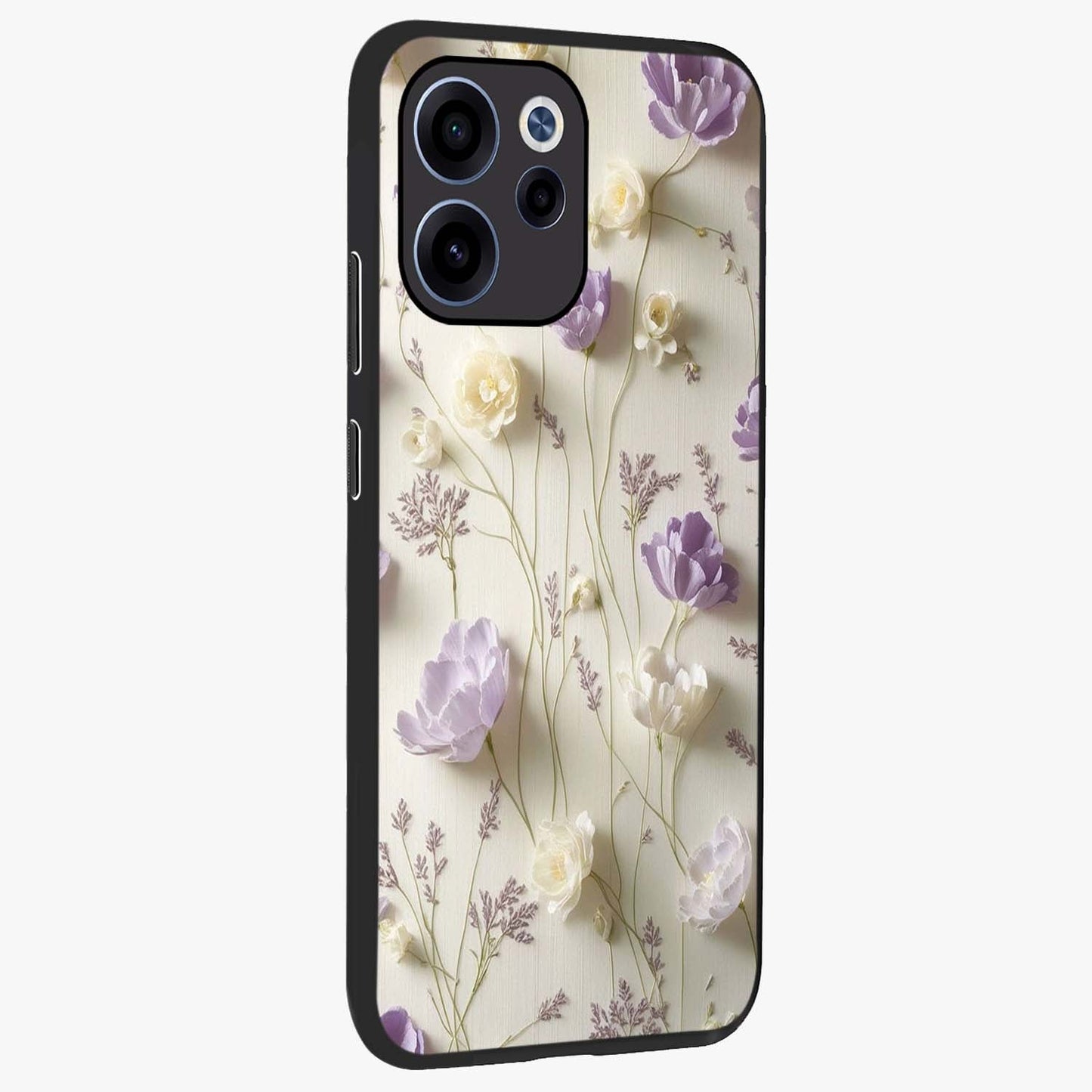 Lilac Breeze Harmony Glass Case upright view showcasing delicate lilac artwork with peaceful floral theme.