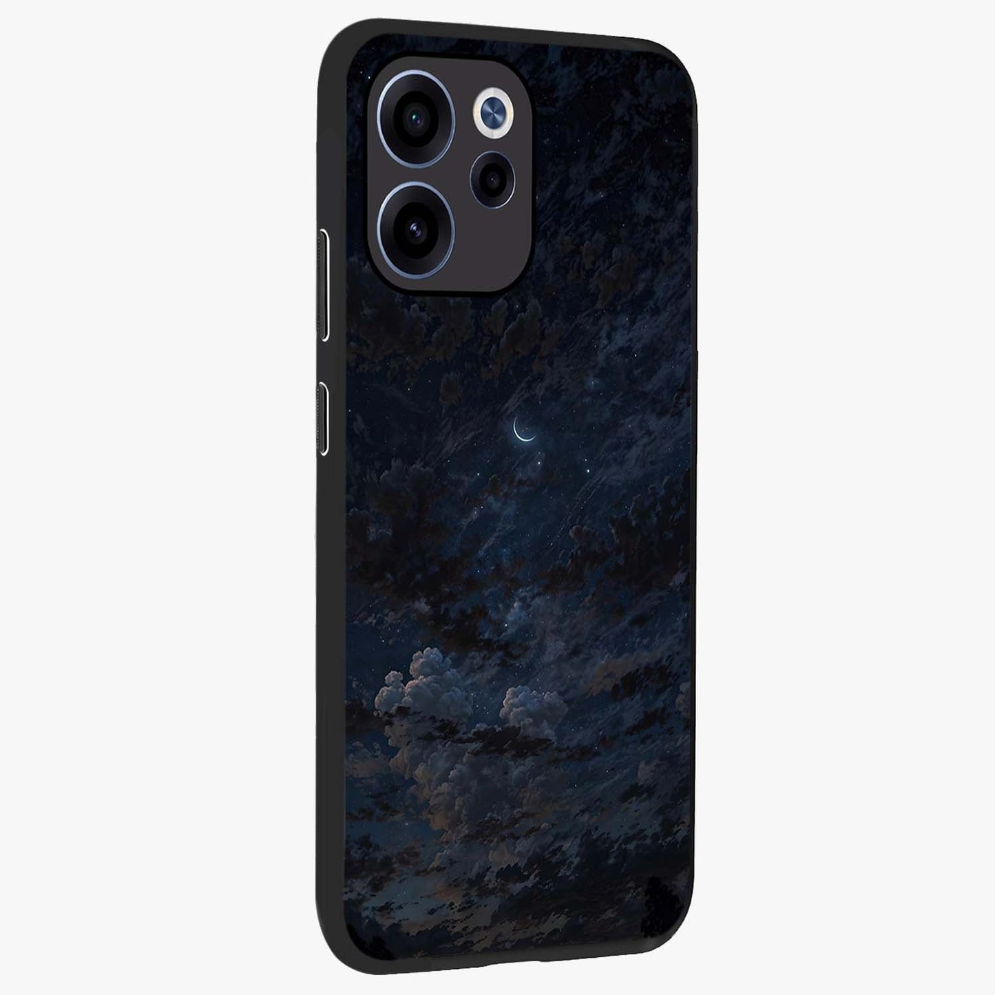 Lunar Veil Silence Glass Case upright view showcasing calm moon themed artwork with serene night atmosphere.