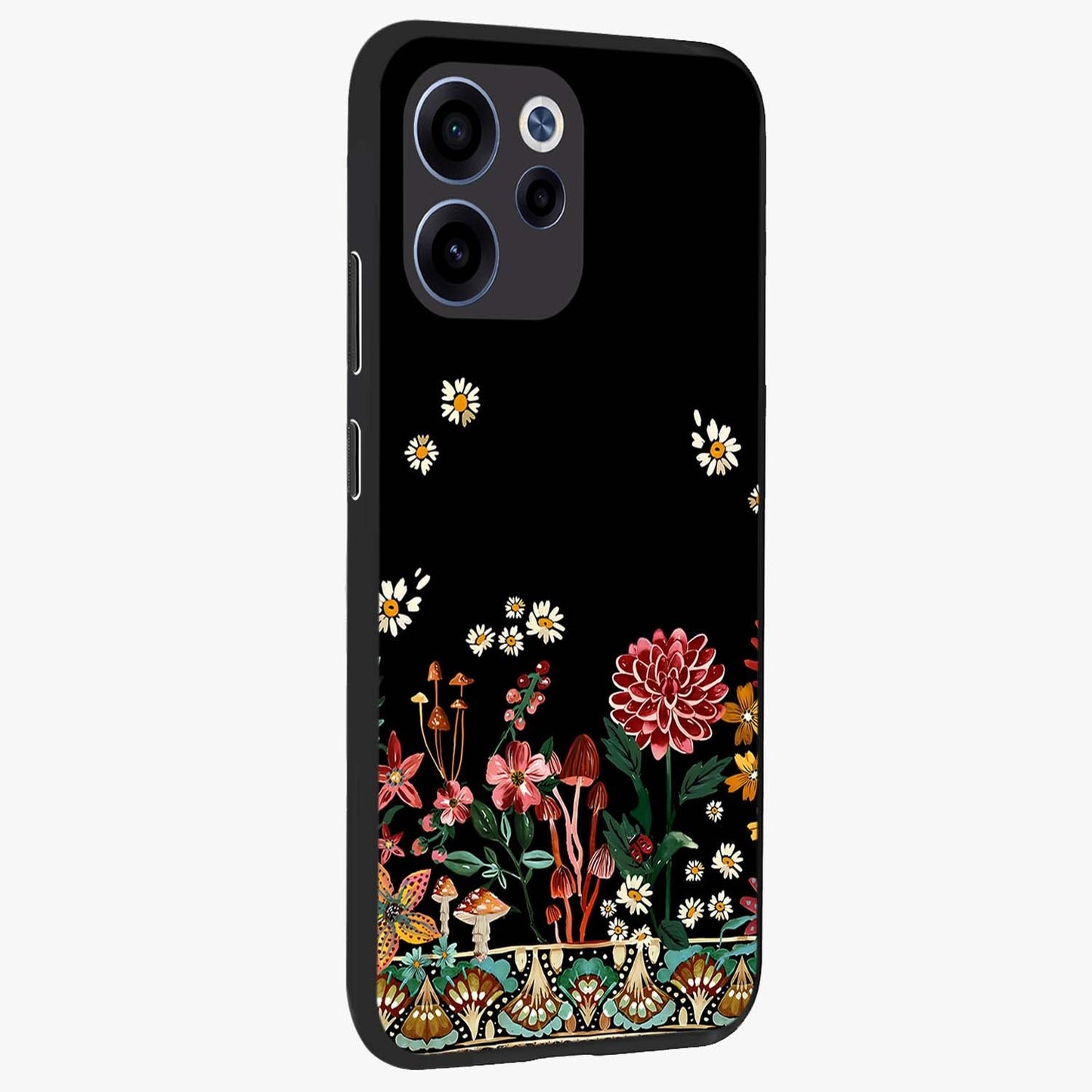 Midnight Bloom Pattern Glass Case upright view showcasing decorative floral artwork with deep night themed palette.