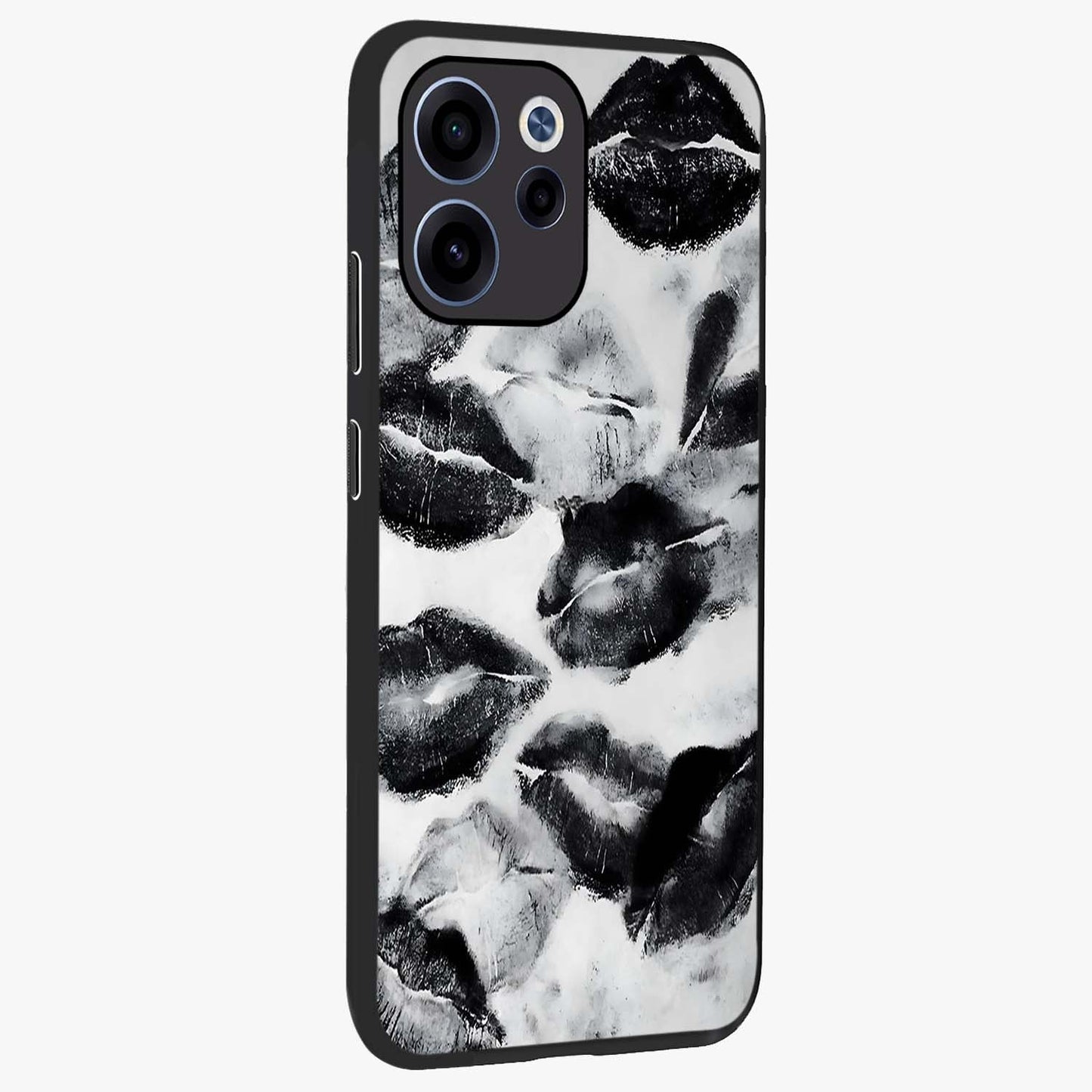 Midnight Kiss Marks Glass Case upright view showcasing stylish kiss mark artwork with trendy romantic theme.