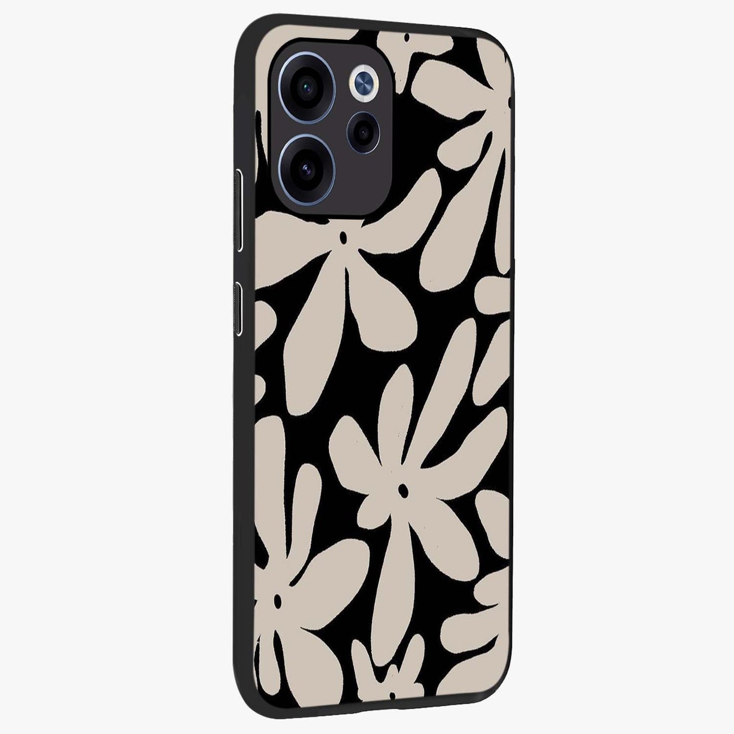 Monochrome Petal Dance Glass Case upright view showcasing artistic floral pattern with stylish monochrome theme.