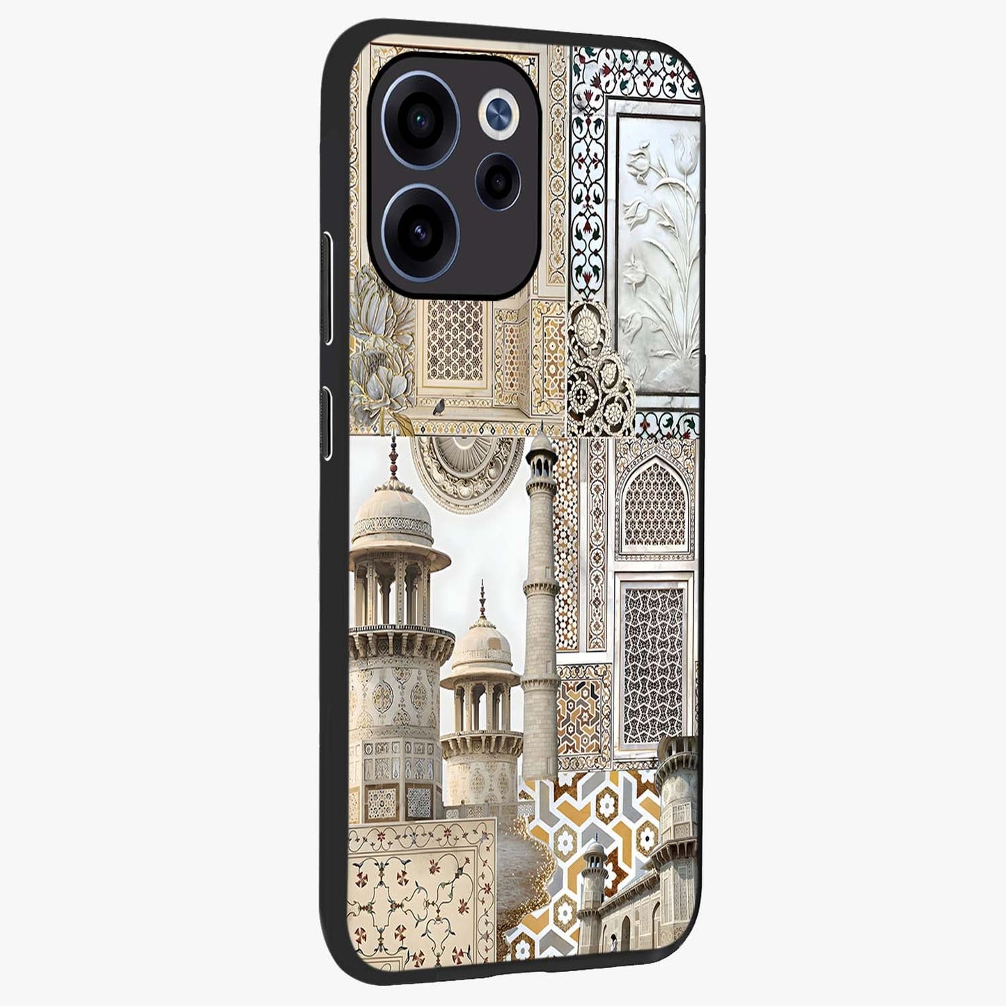 Mughal Marble Legacy Glass Case upright view showcasing ornate Mughal design with luxurious traditional theme.