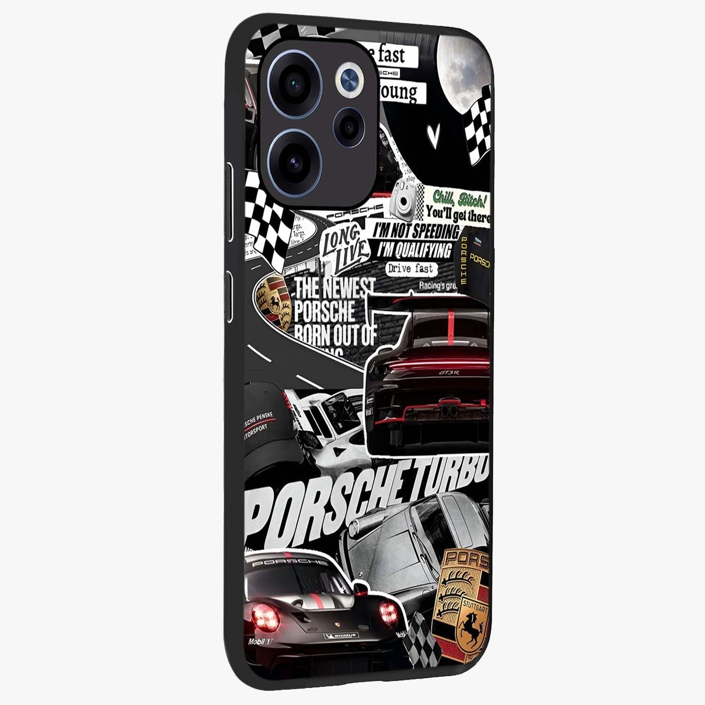 Porsche Racing Collage Glass Case upright view showcasing energetic car collage artwork with high speed racing theme.
