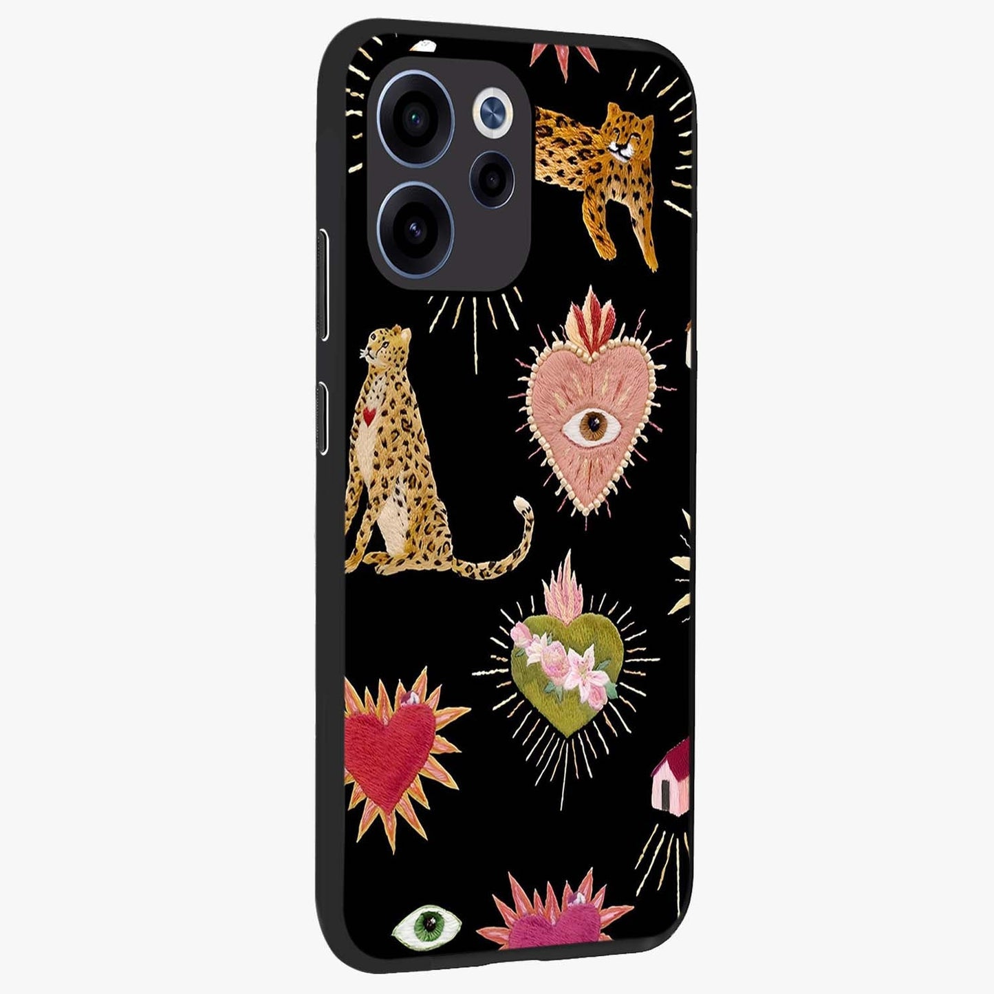 Sacred Jungle Heart Glass Case upright view showcasing vibrant jungle artwork with symbolic heart theme.