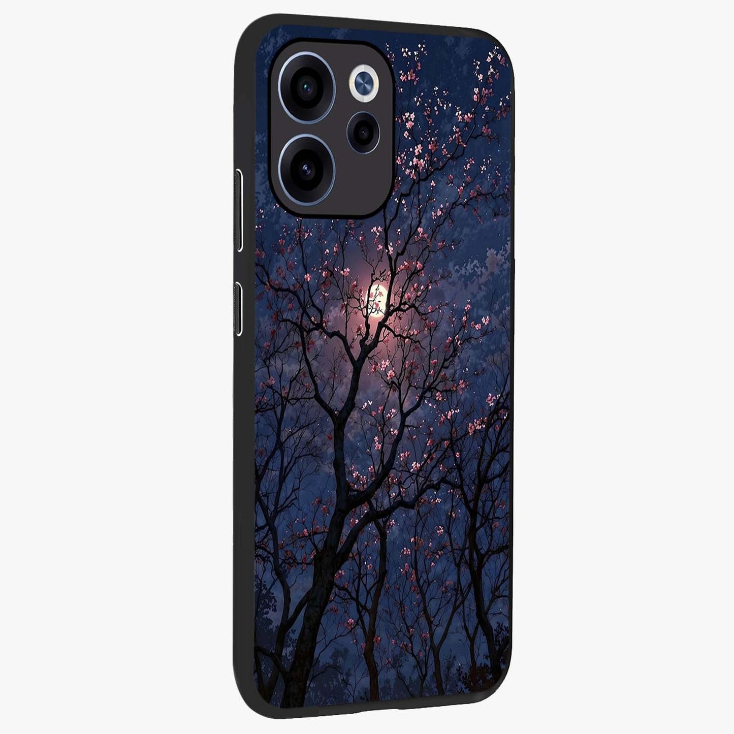 Twilight Sakura Serenade Glass Case upright view showcasing beautiful cherry blossom artwork with serene evening theme.