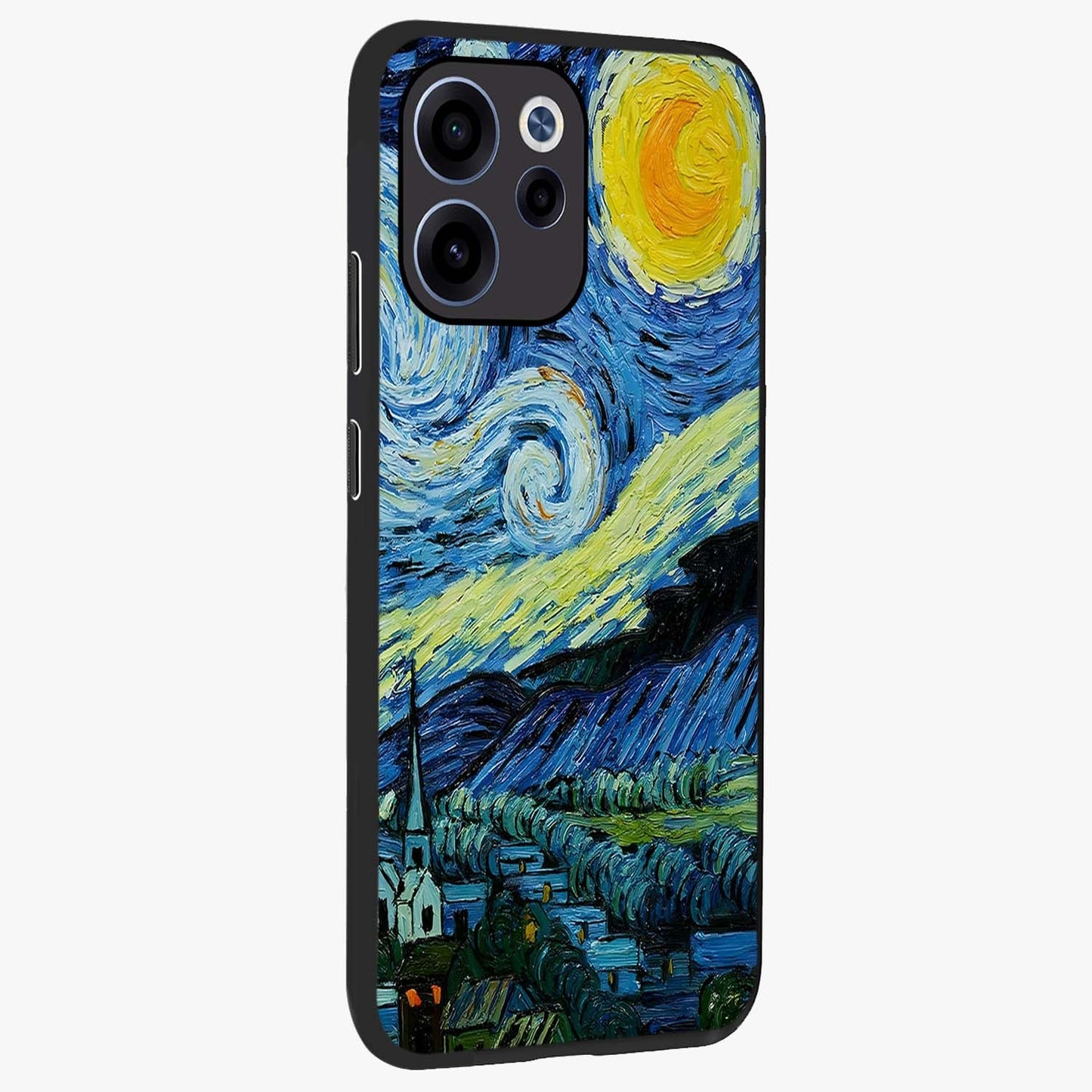 Van Gogh Art Glass Case upright view showcasing expressive painting style artwork with timeless artistic theme.