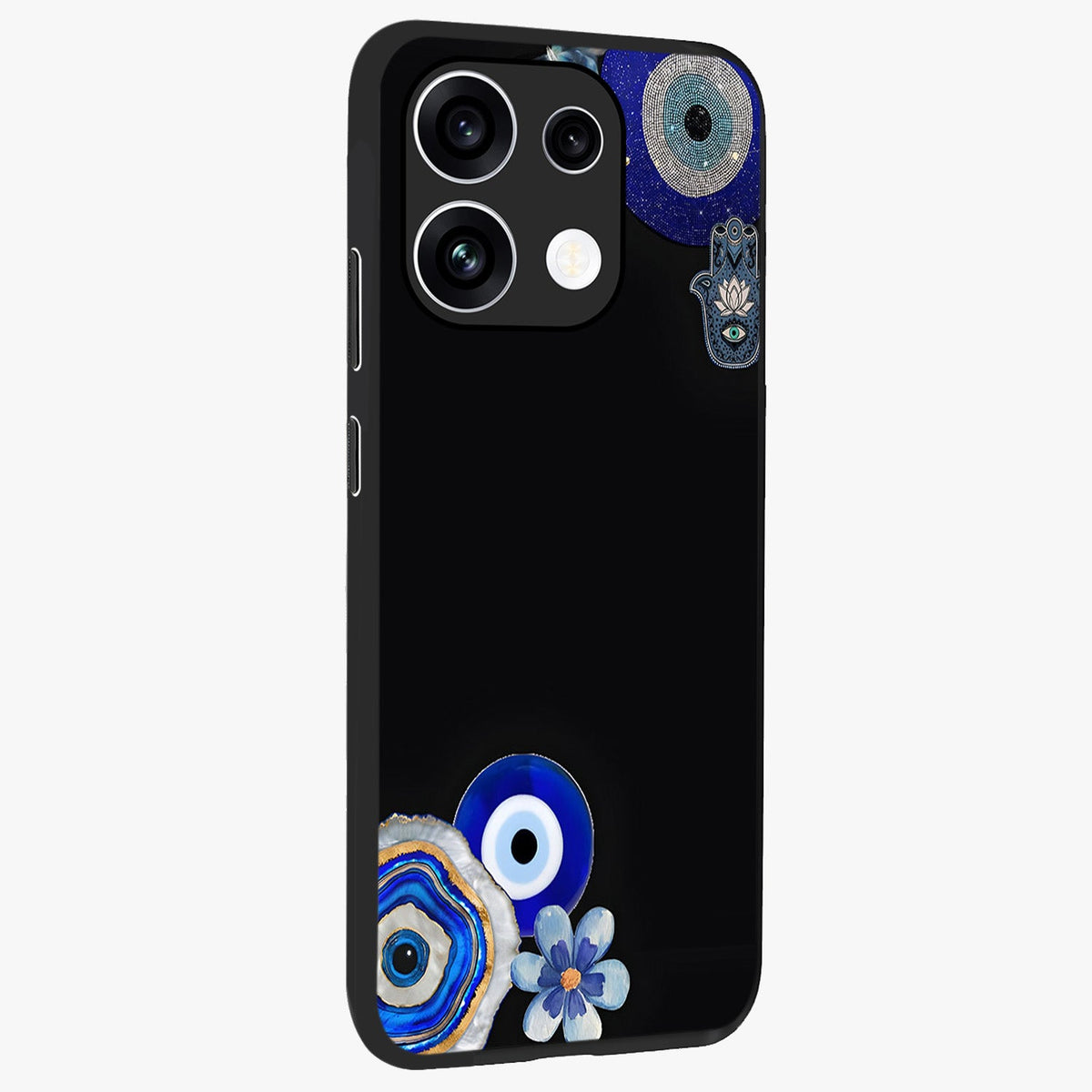 Aesthetic Blue Evil Eye Glass Case upright view showcasing mystical evil eye graphic with minimal aesthetic style.