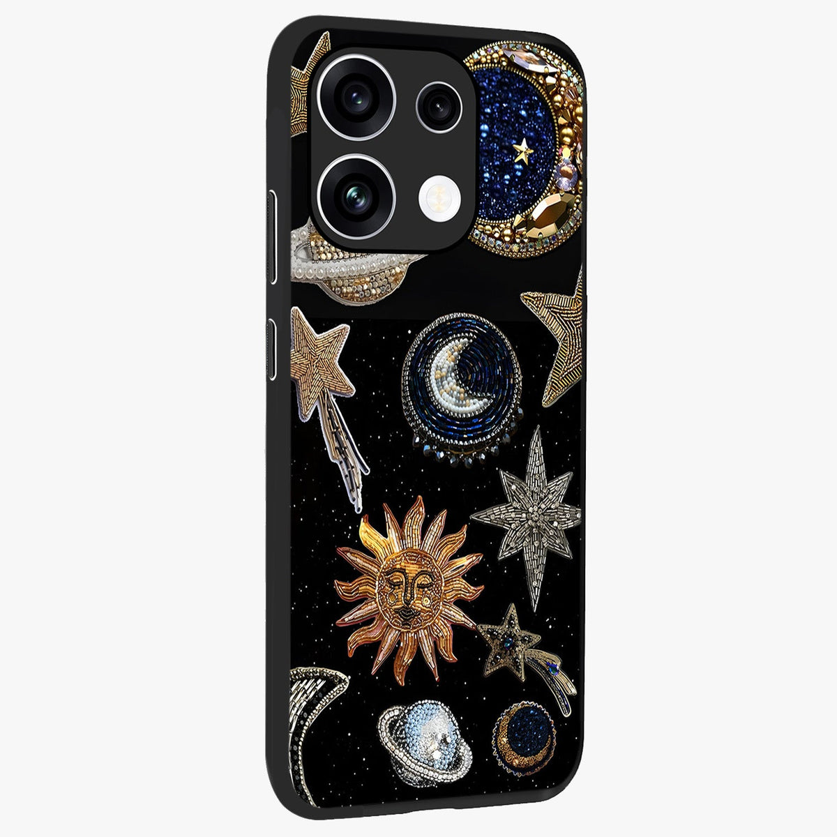 Celestial Gem Constellations Glass Case upright view showcasing cosmic constellation artwork with celestial aesthetic style.