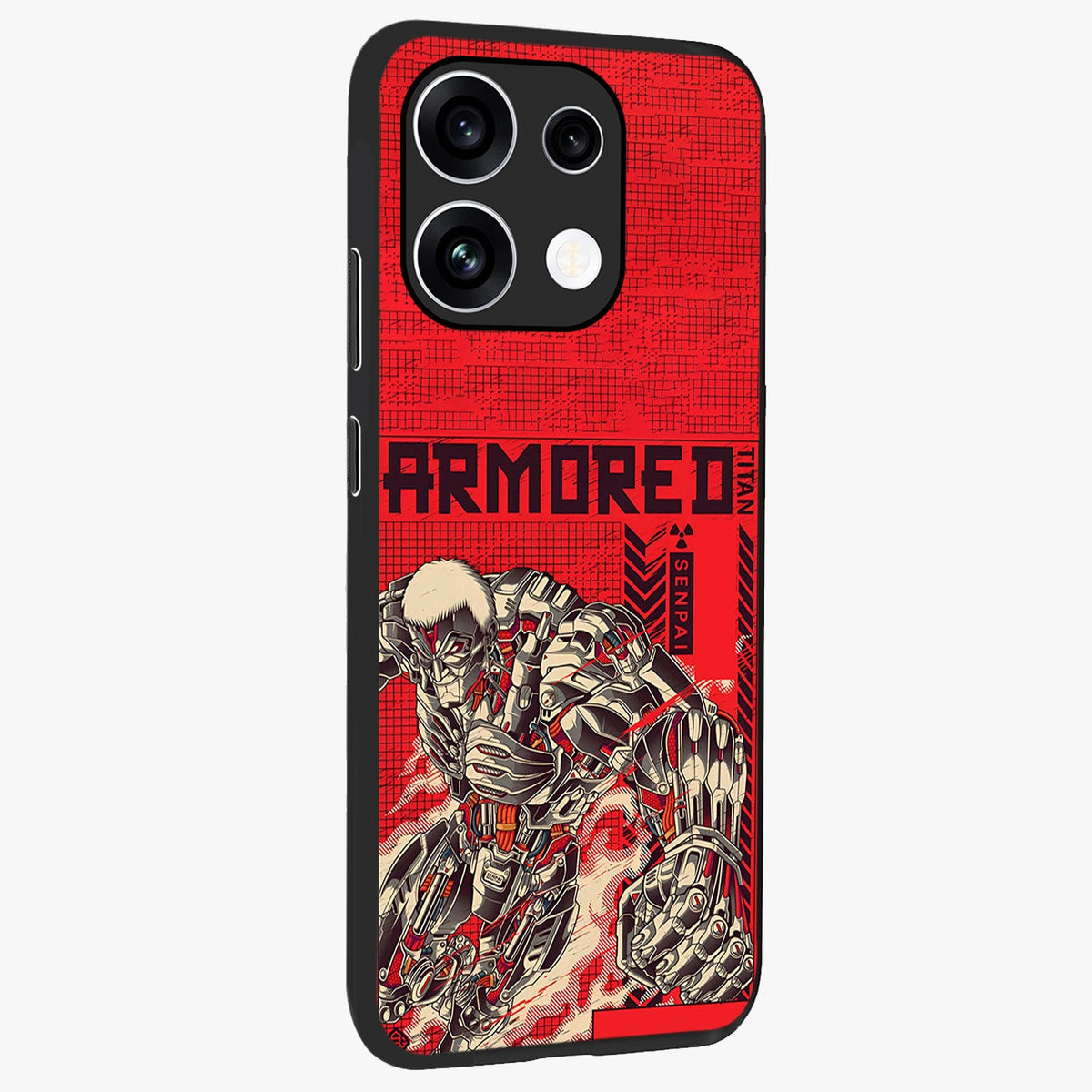Crimson Mecha Titan Glass Case upright view showcasing dynamic robotic titan design with sci-fi inspired theme.