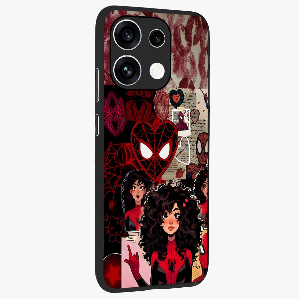 Spider Love Story Glass Case upright view showcasing charming superhero artwork with romantic comic theme.
