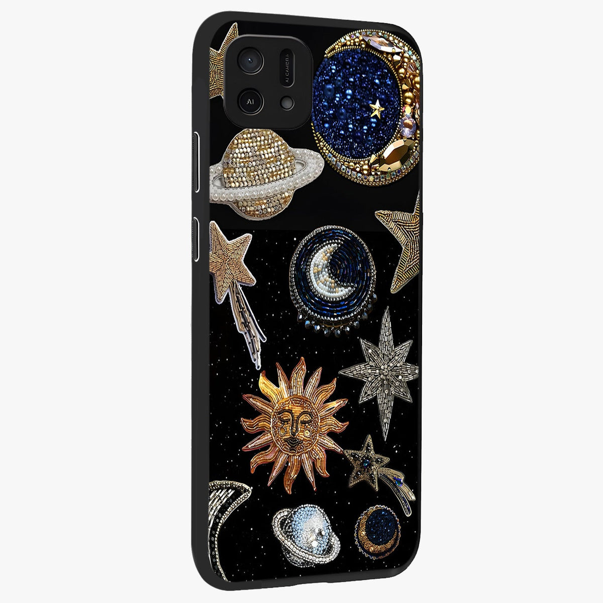 Celestial Gem Constellations Glass Case upright view showcasing cosmic constellation artwork with celestial aesthetic style.