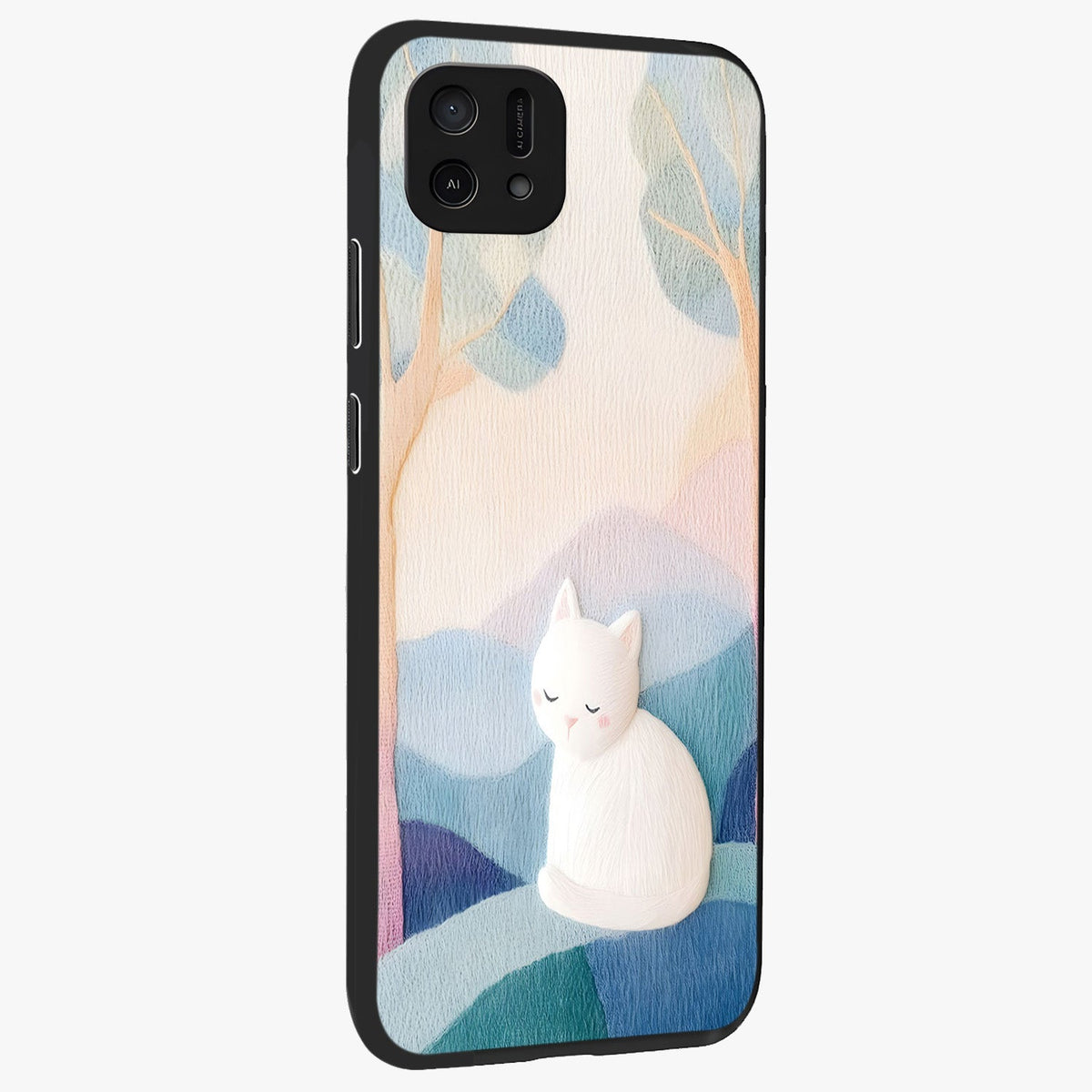 Cotton Dream Cat Glass Case upright view showcasing charming cat artwork with cozy dreamy theme.