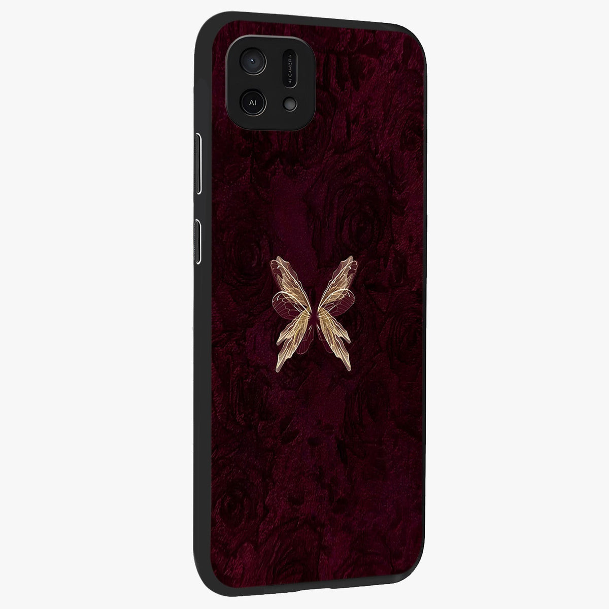 Crimson Fade Butterfly Glass Case upright view showcasing graceful butterfly artwork with soft crimson fade effect.