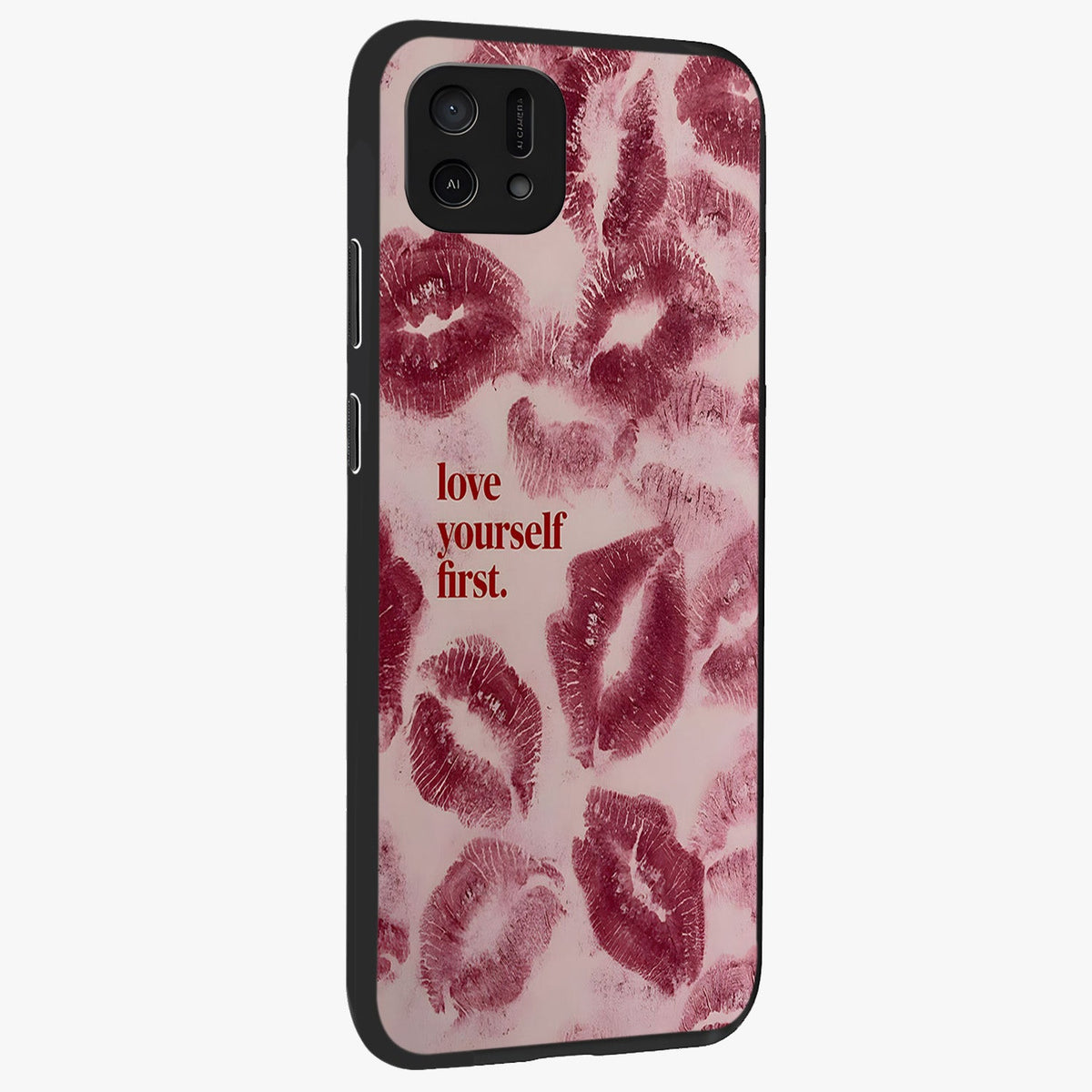 Crimson Kiss Love Glass Case upright view showcasing expressive romantic artwork with deep crimson theme.