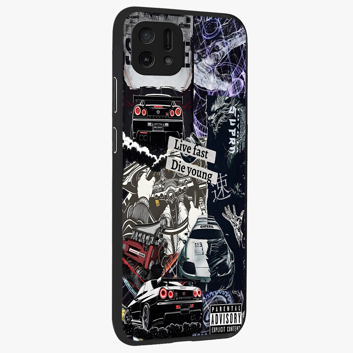 Die Young Glass Case upright view showcasing striking typography artwork with modern statement theme.