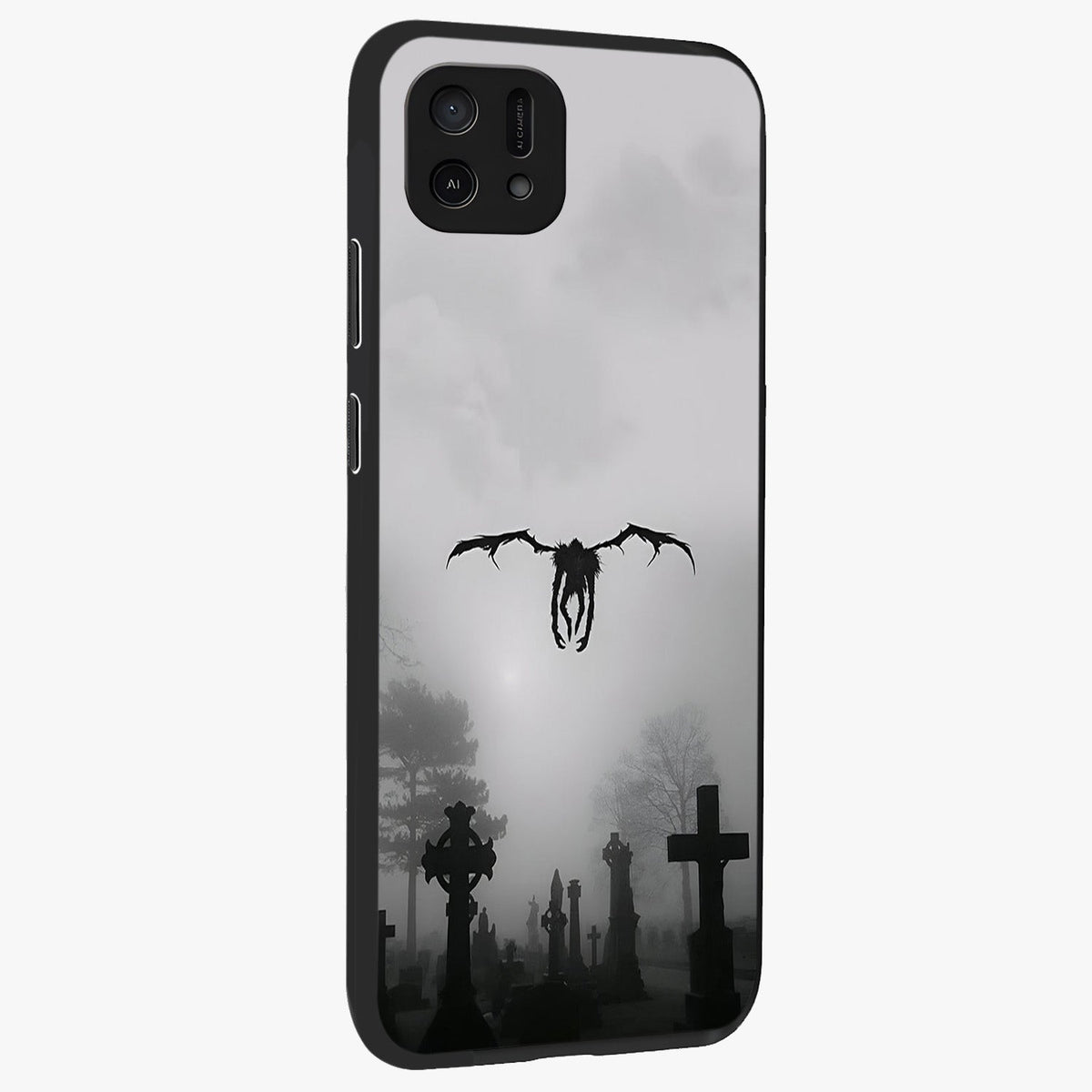 Graveyard Shadow Descent Glass Case upright view showcasing haunting graveyard artwork with dramatic dark theme.