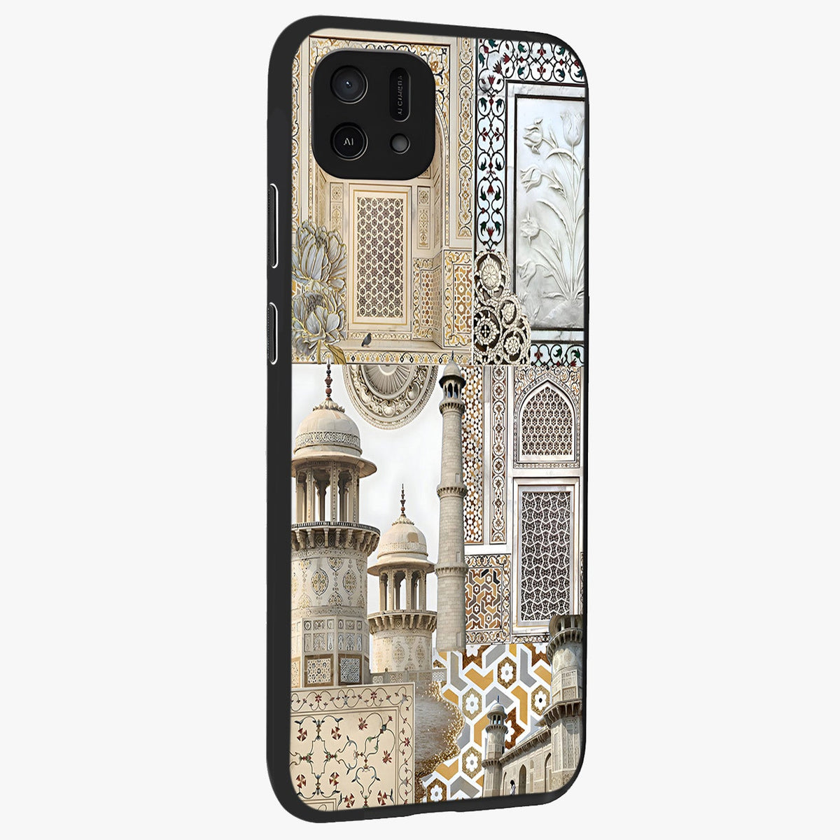 Mughal Marble Legacy Glass Case upright view showcasing ornate Mughal design with luxurious traditional theme.